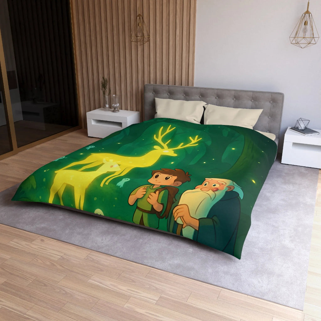 Housse de couette féerique avec cerfs lumineux et personnages dans une forêt enchantée