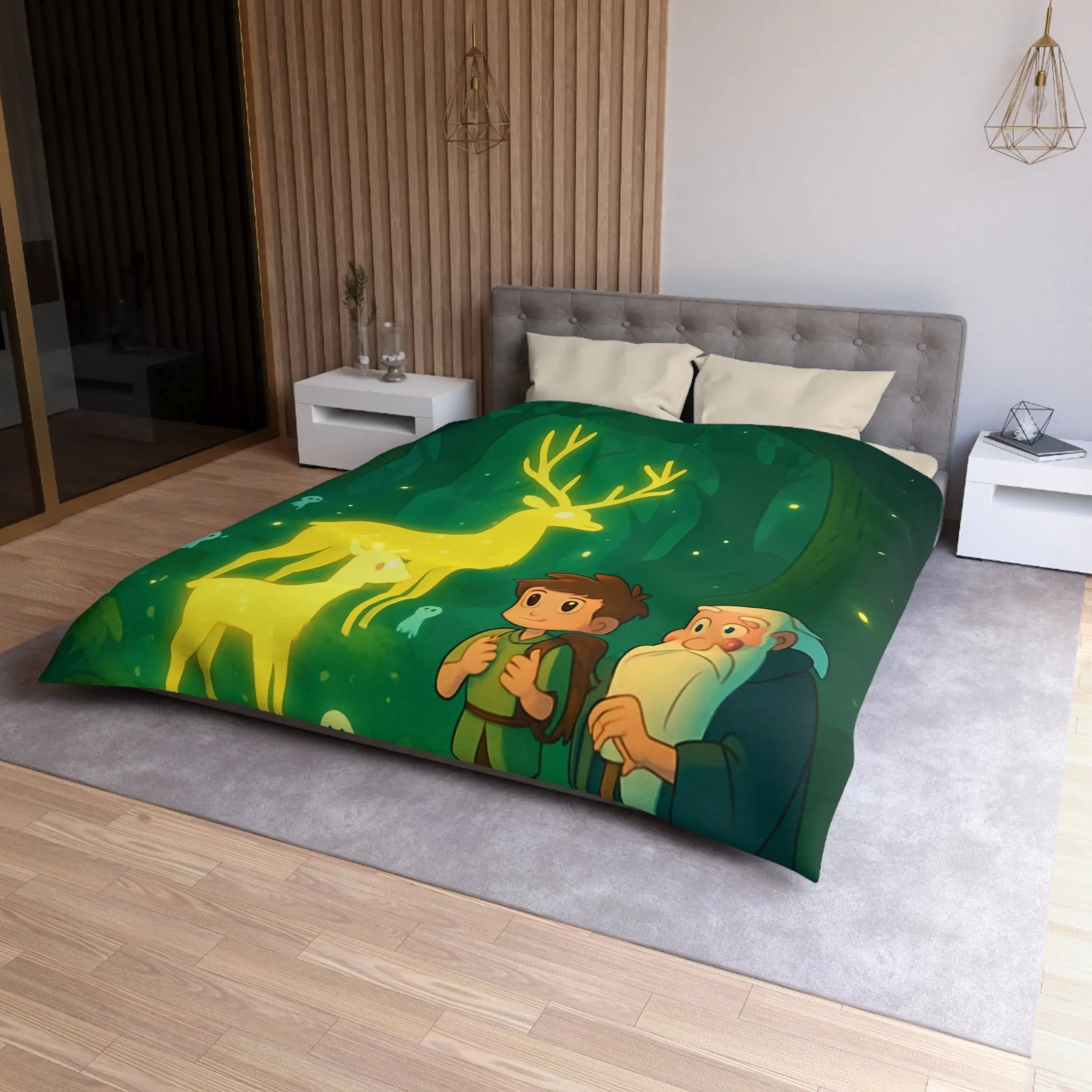 Housse de couette féerique avec cerfs lumineux et personnages dans une forêt enchantée