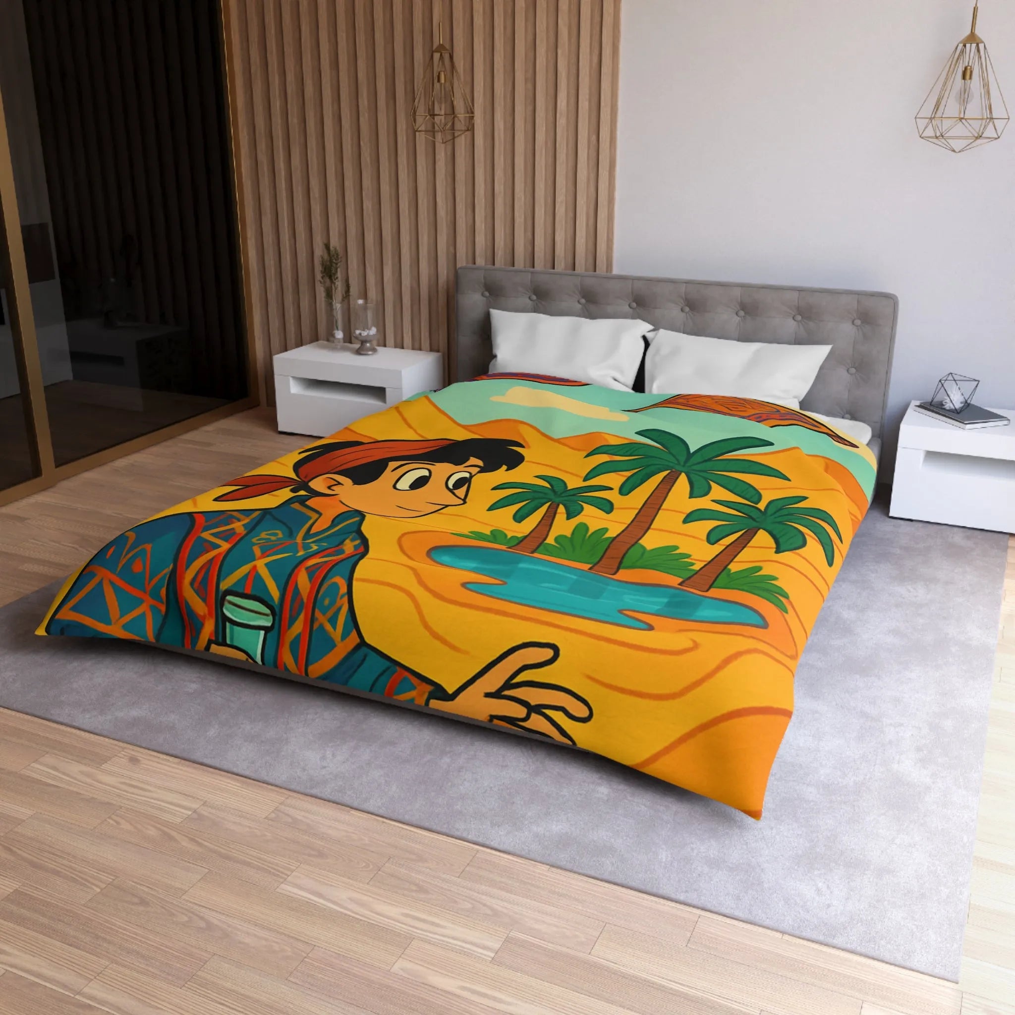 Housse de couette magique avec tapis volants et oasis sous ciel bleu désertique