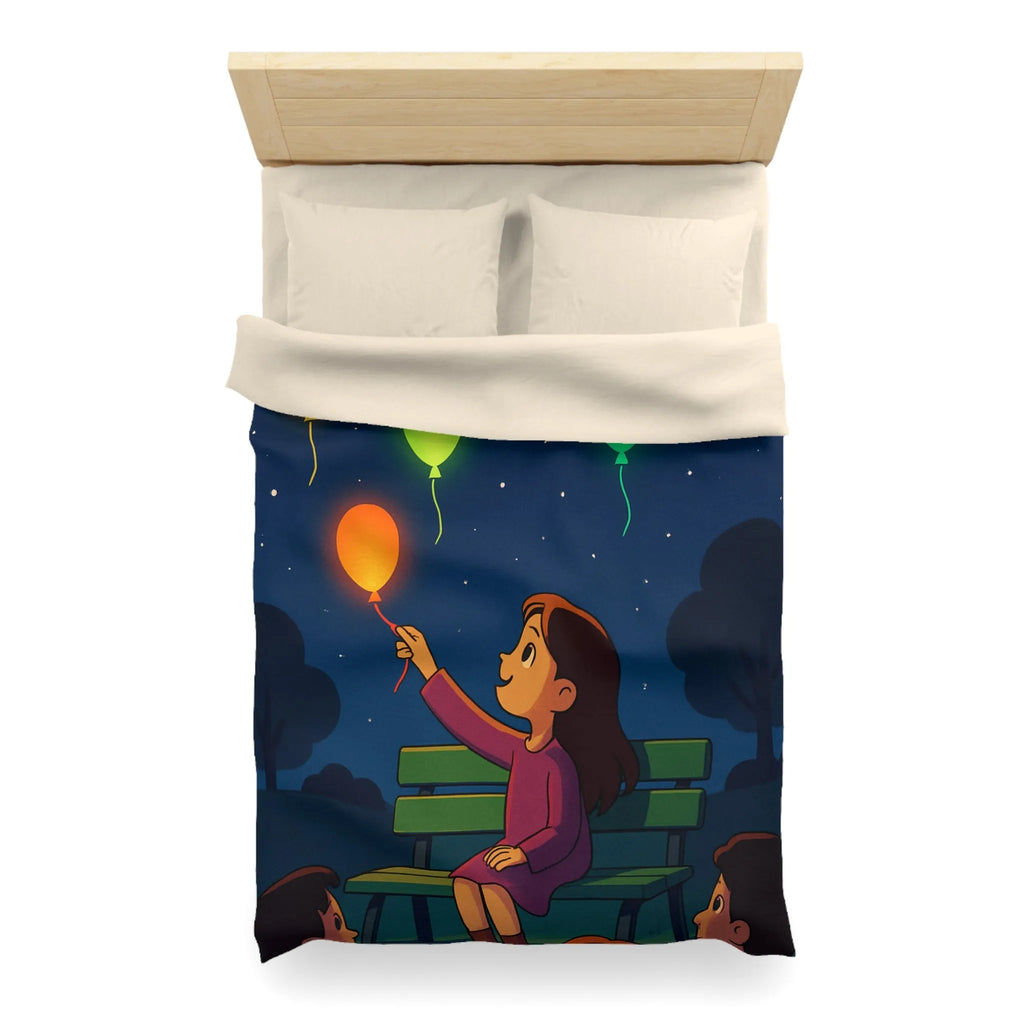 Housse de couette colorée avec ballons lumineux flottant dans un ciel étoilé magique