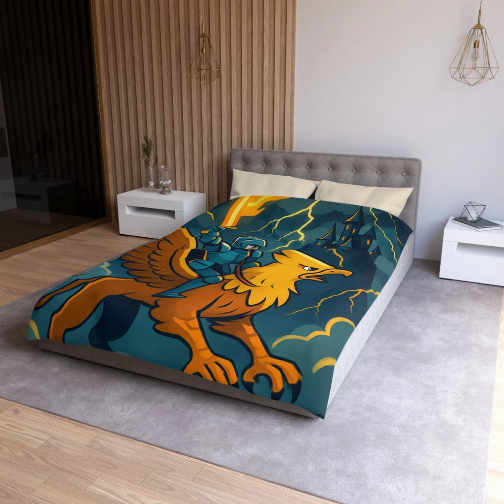 Housse de Couette Fantaisie avec Chevalier et Griffon Volant Devant Château Mystérieux