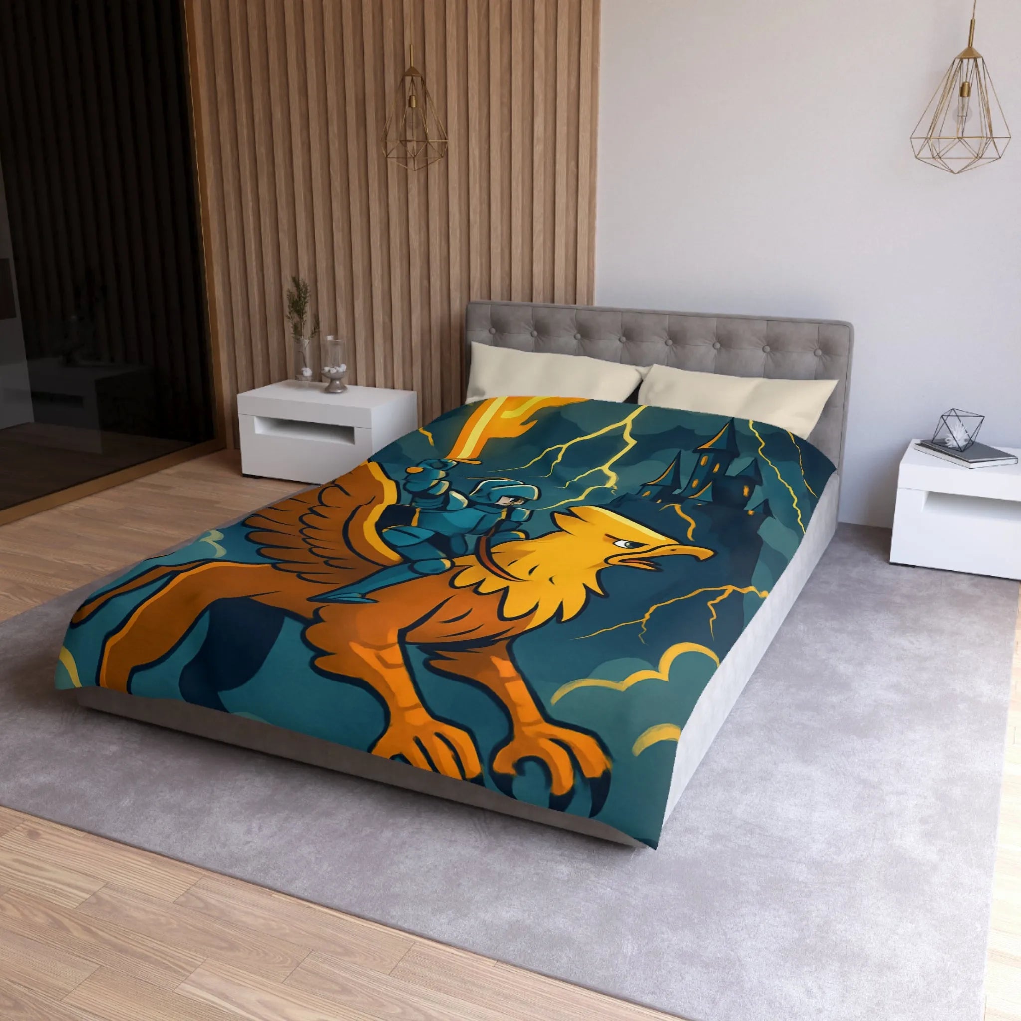 Housse de Couette Fantaisie avec Chevalier et Griffon Volant Devant Château Mystérieux
