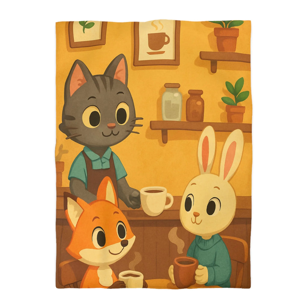 Housse de couette douce avec animaux stylisés profitant d'un café dans un café.