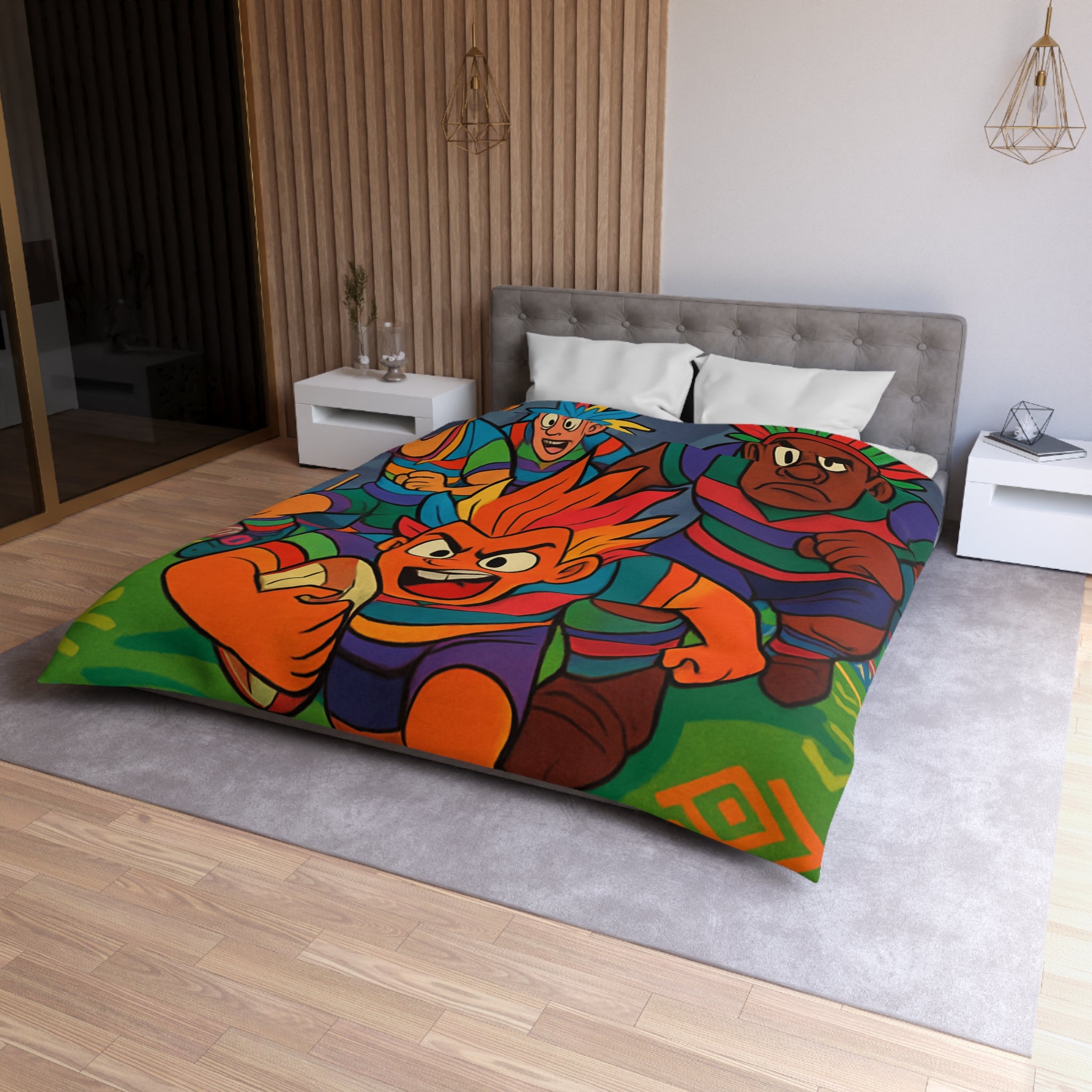 Parure de lit colorée avec joueurs de rugby en style bande dessinée pour enfant