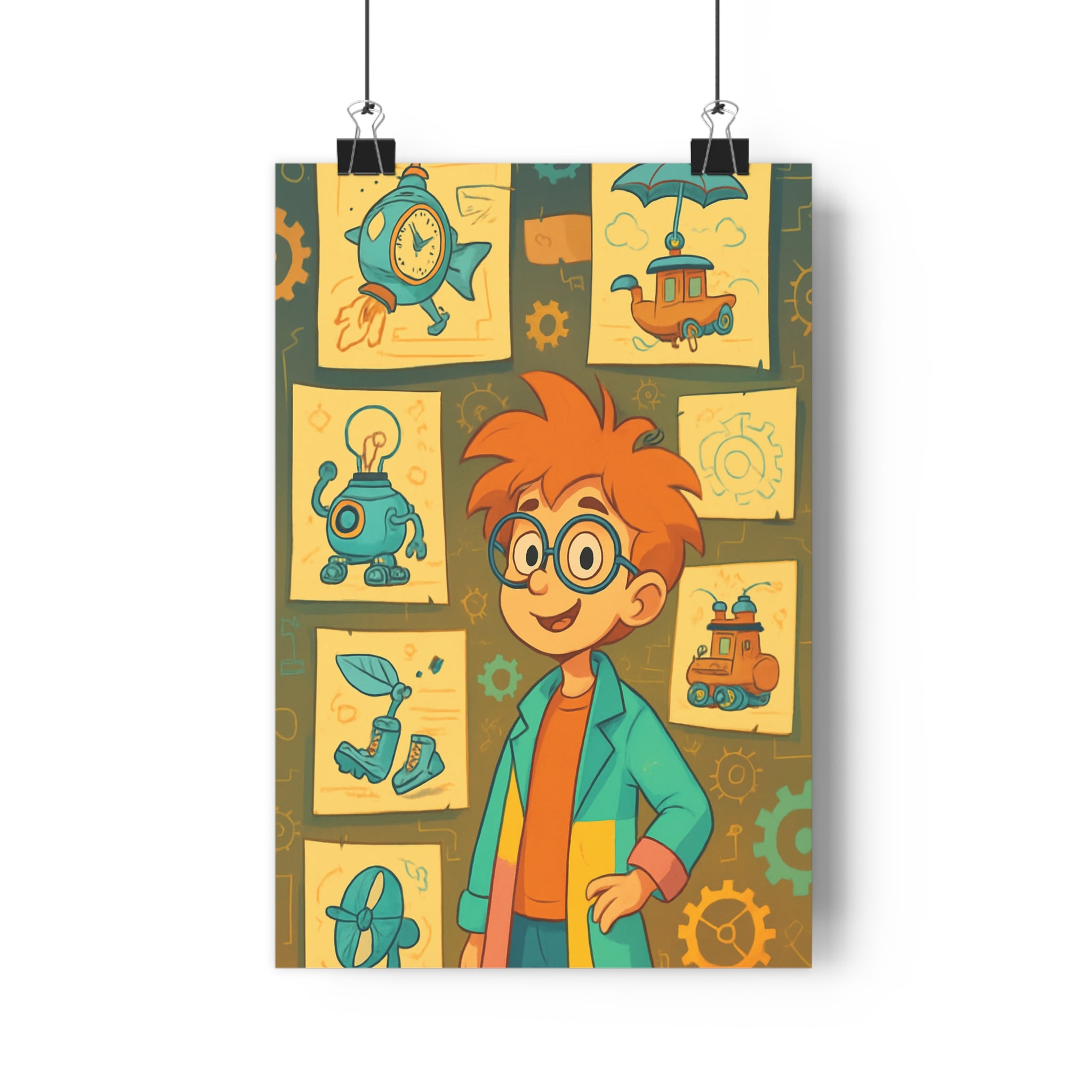 Poster décoratif cartoon steampunk rouge orange ludique enfant créatif chambre inventeur excentrique format 30x46