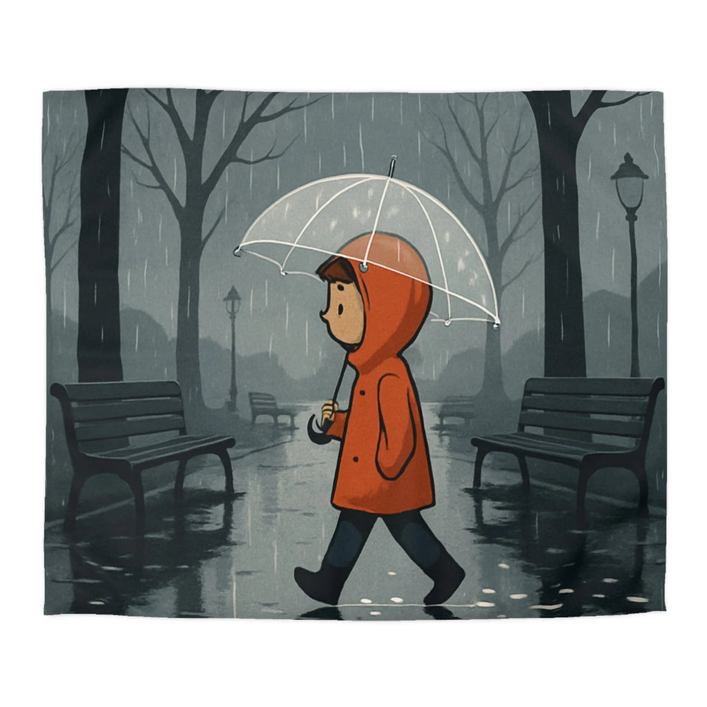 Housse de couette avec illustration d'enfant marchant sous la pluie en forêt brumeuse