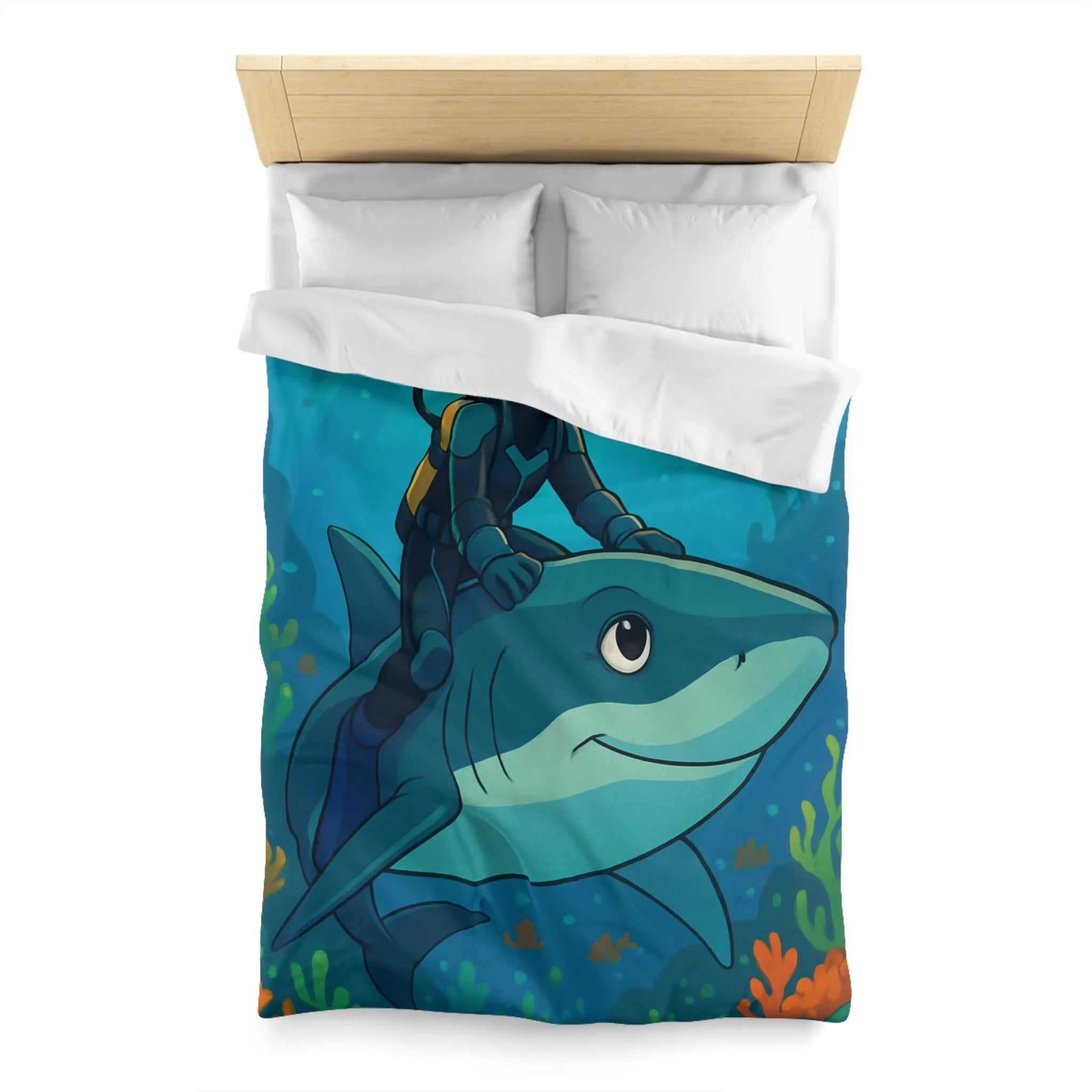 Housse de Couette Enfant Océan Aventure avec Requin et Plongeur pour Chambre Colorée