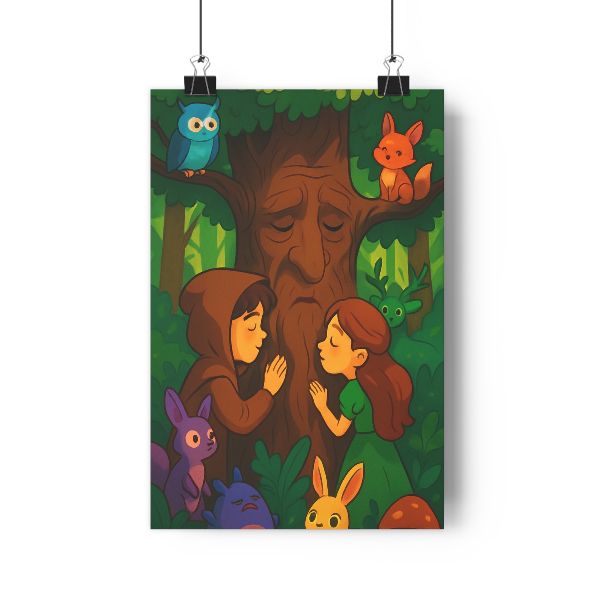 Poster décoratif magique forêt enchantée fantastique garçon fille animaux colorés chambre enfant joyeux stylisé