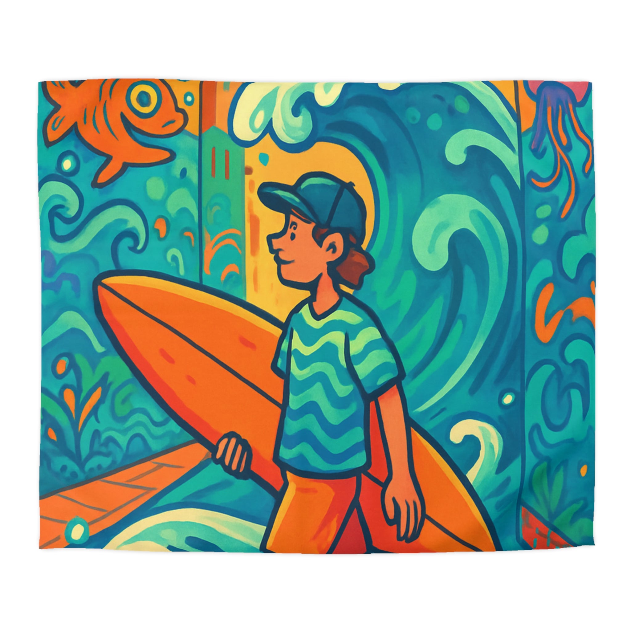 Housse de Couette Vibrante pour Surfeurs Mélangeant Art Surréaliste et Exploration Urbaine