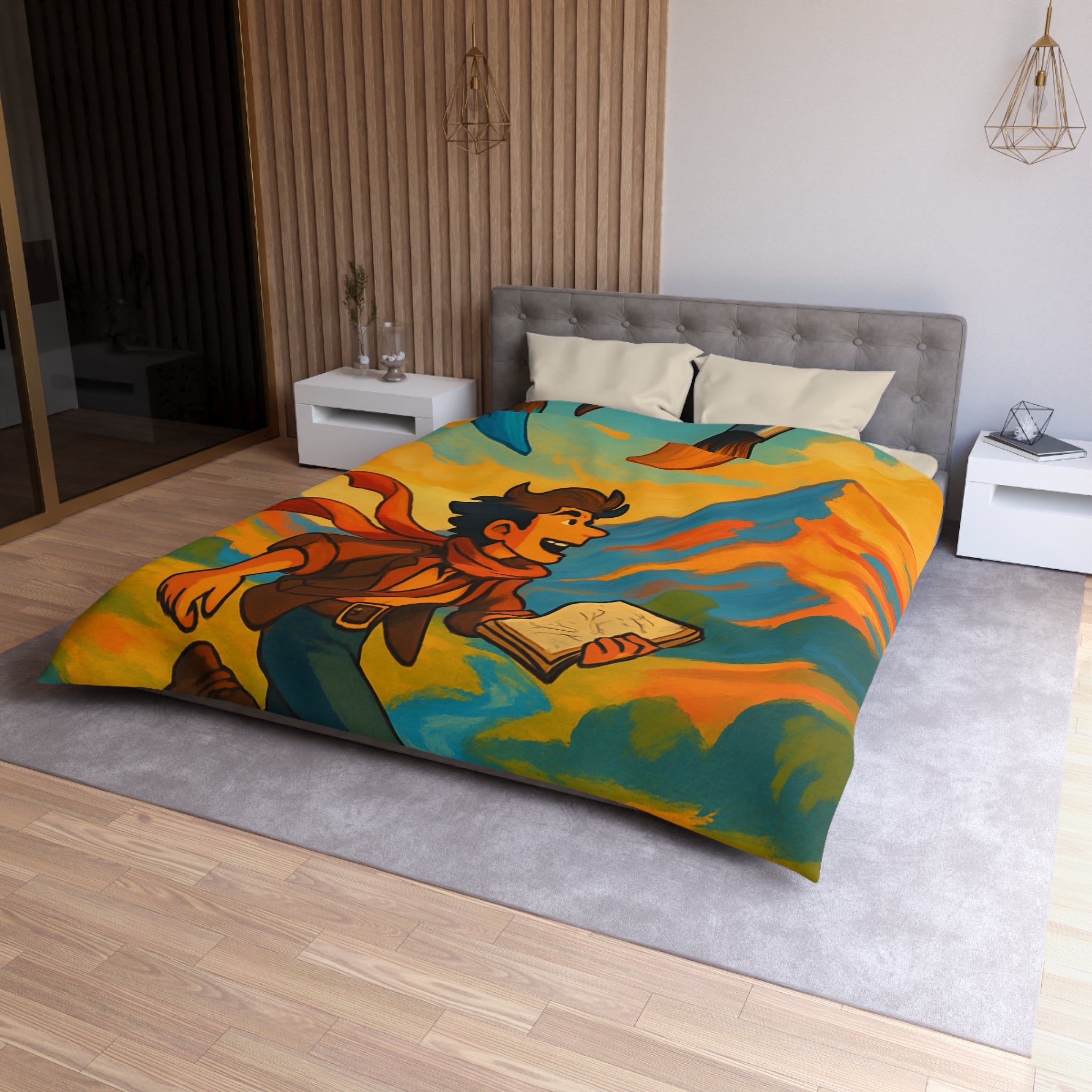 Housse de couette vibrante avec illustration de paysage montagnard et artiste joyeux