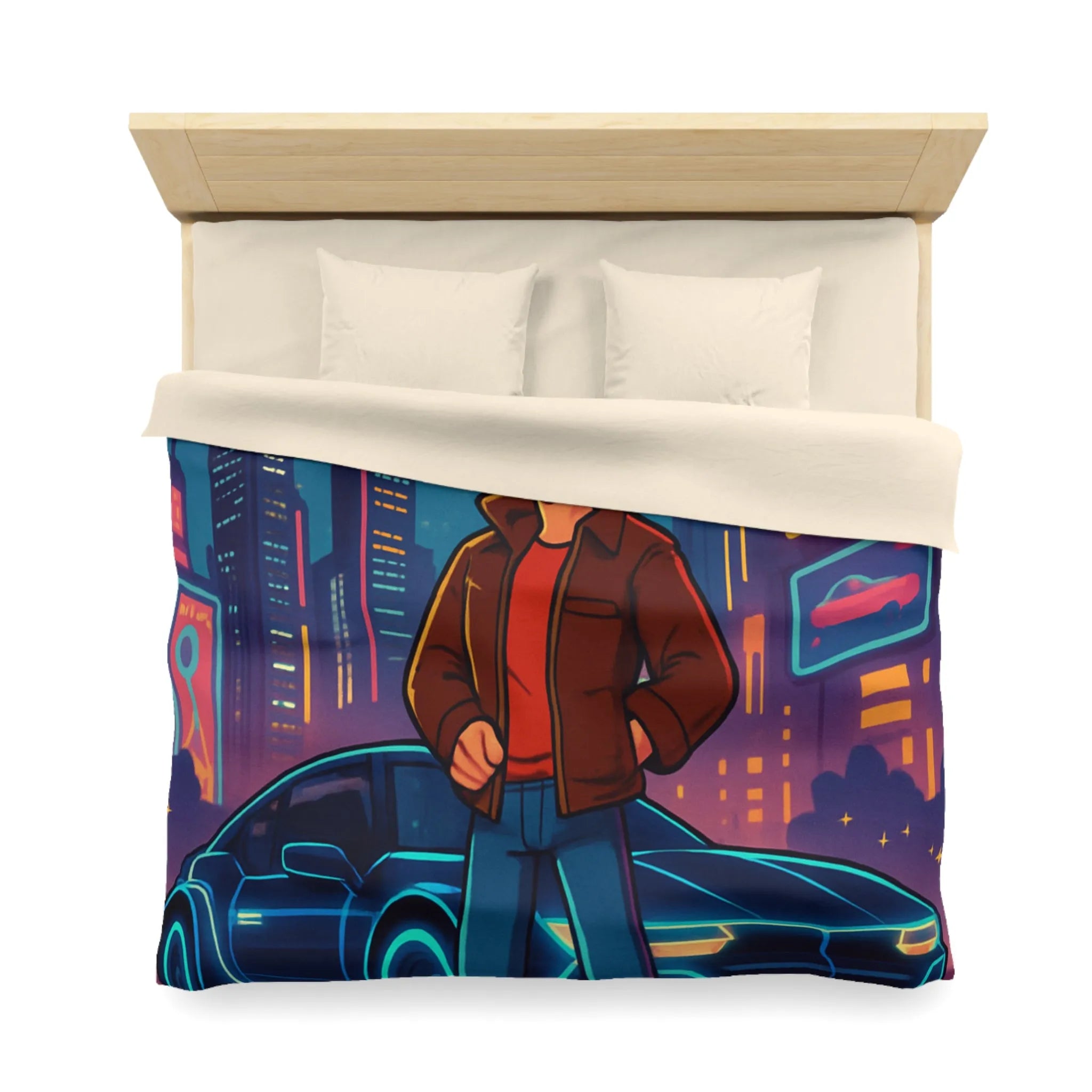 Housse de Couette Future Enfant Ville Nocturne Néons Jeune Garçon et Voiture