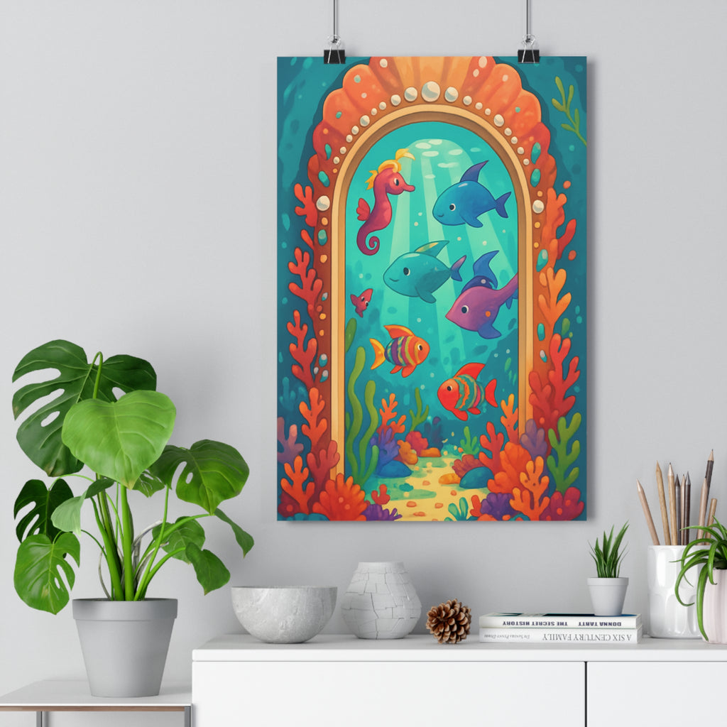 Poster décoratif cartoon océan bleu turquoise joyeux enfant chambre corail hippocampe vibrant unique fantaisie
