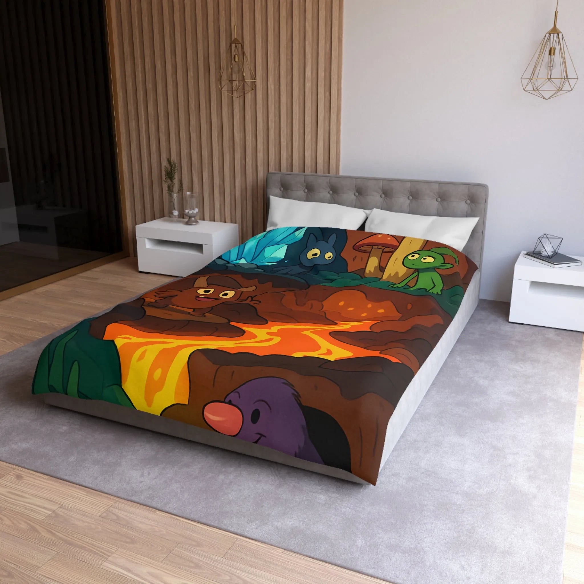 Housse de Couette Enfant Paradis Souterrain Magique avec Créatures Mystiques et Cristaux Lumineux