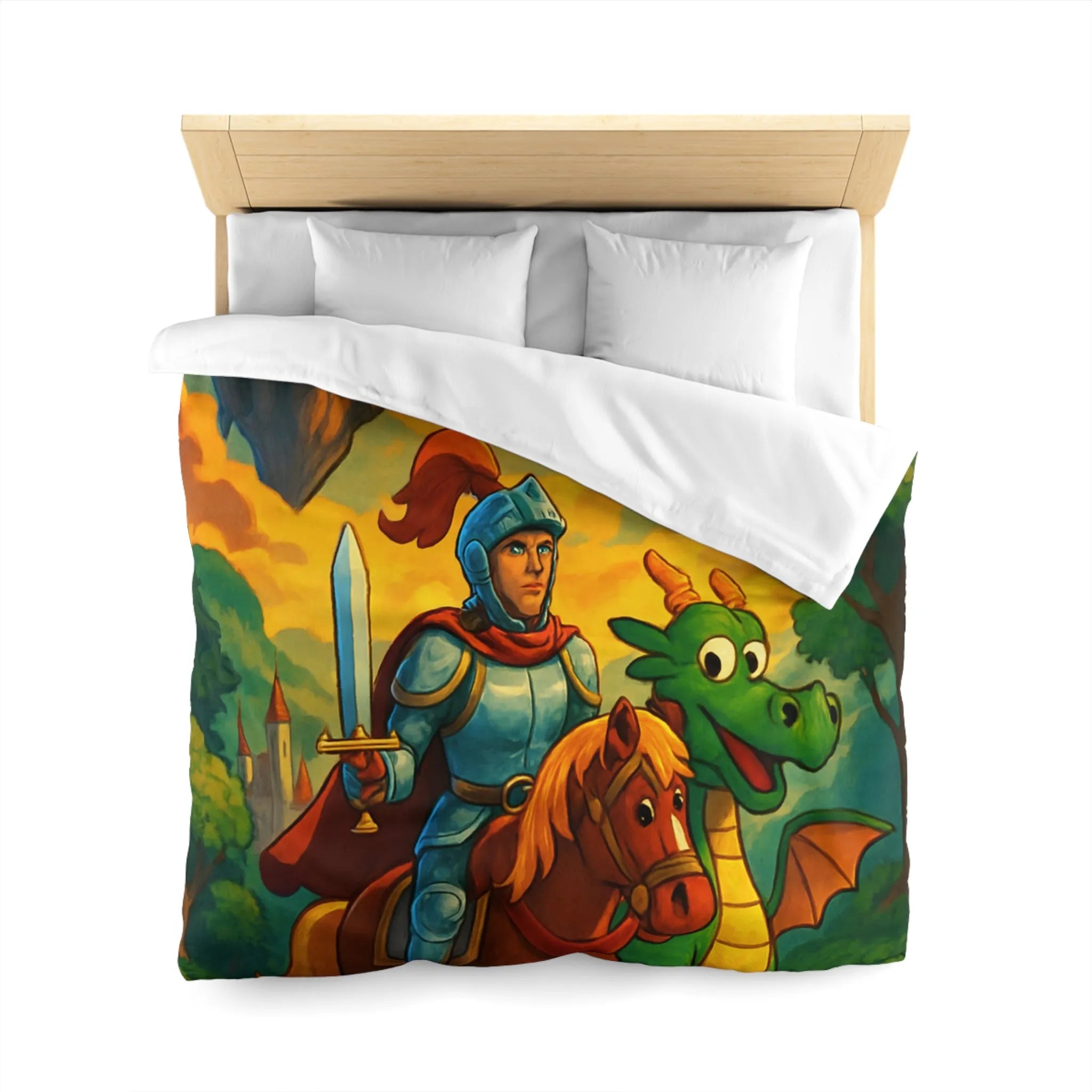Housse de couette médiévale colorée avec chevalier, dragon et châteaux flottants fantastiques