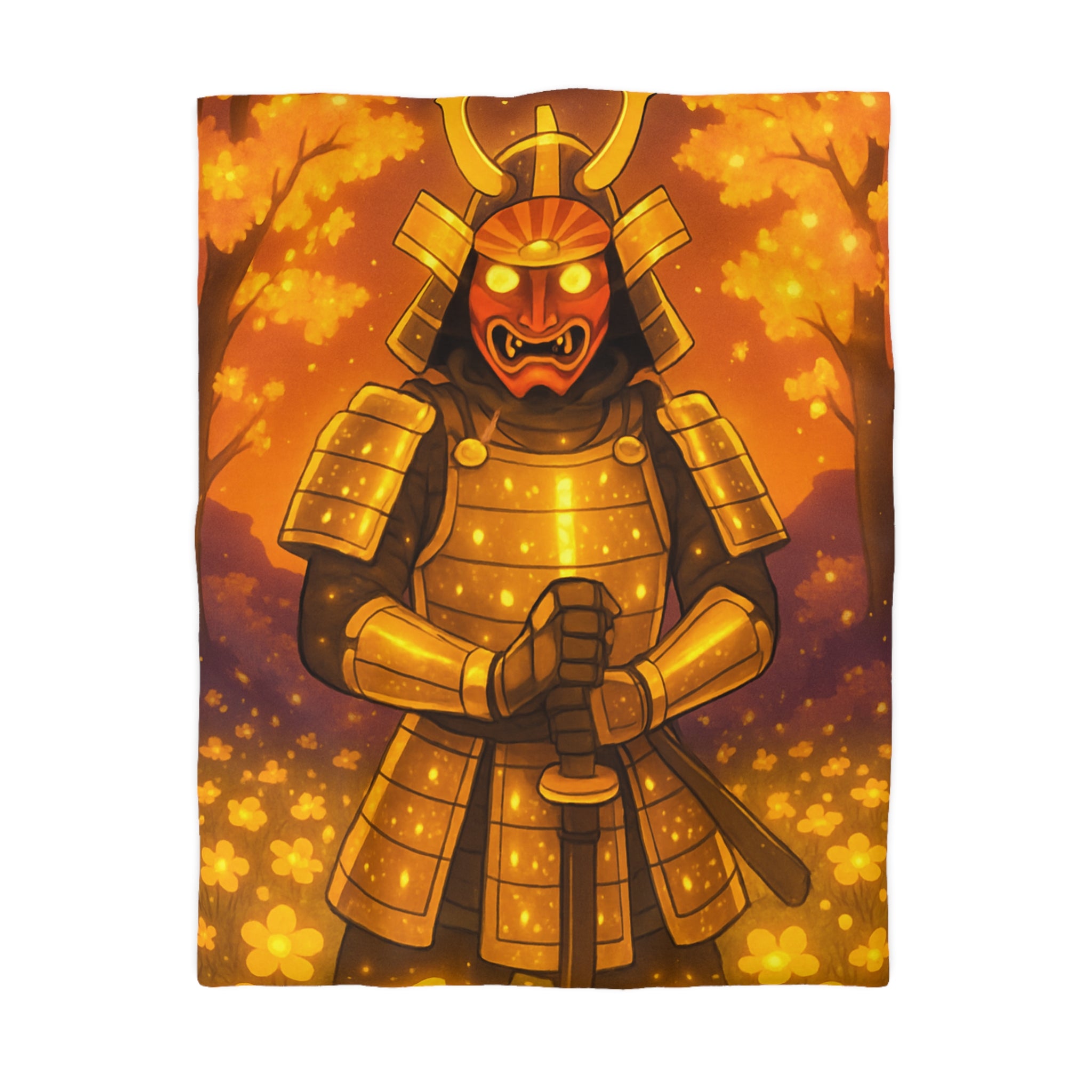 Housse de couette samouraï doré dans forêt magique, ambiance légendaire pour chambre zen