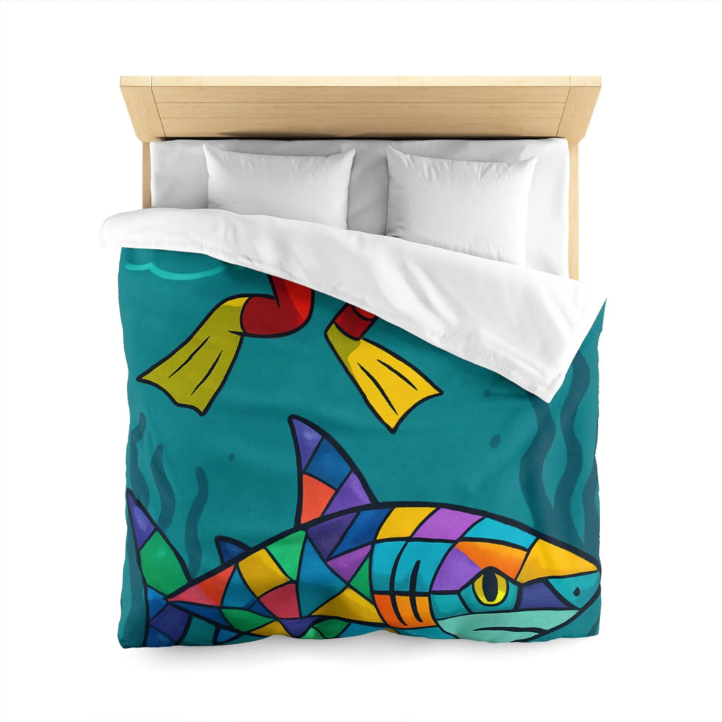 Housse de couette colorée avec plongeur effrayé et requin multicolore
