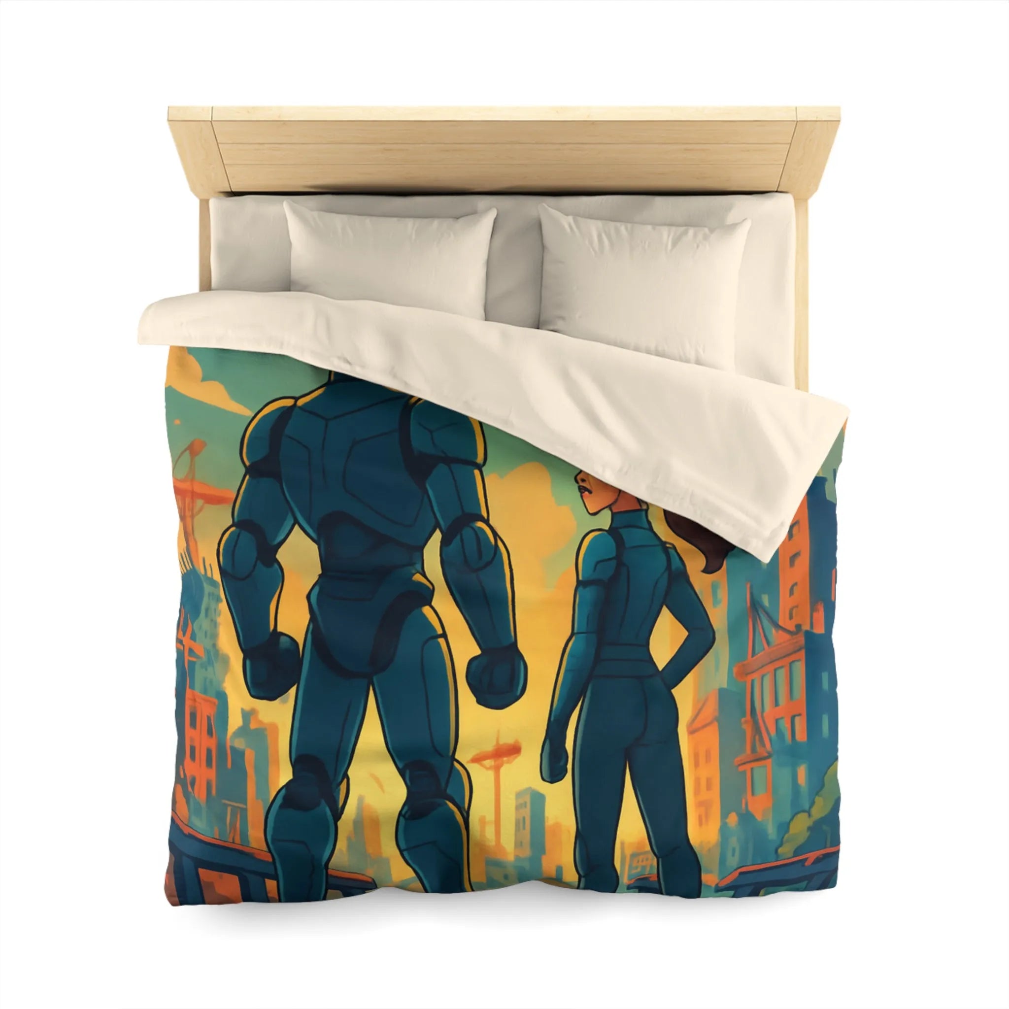 Housse de Couette Fine Imprimée Feux d’Artifice et Futuriste Ville Robotique Dessinée