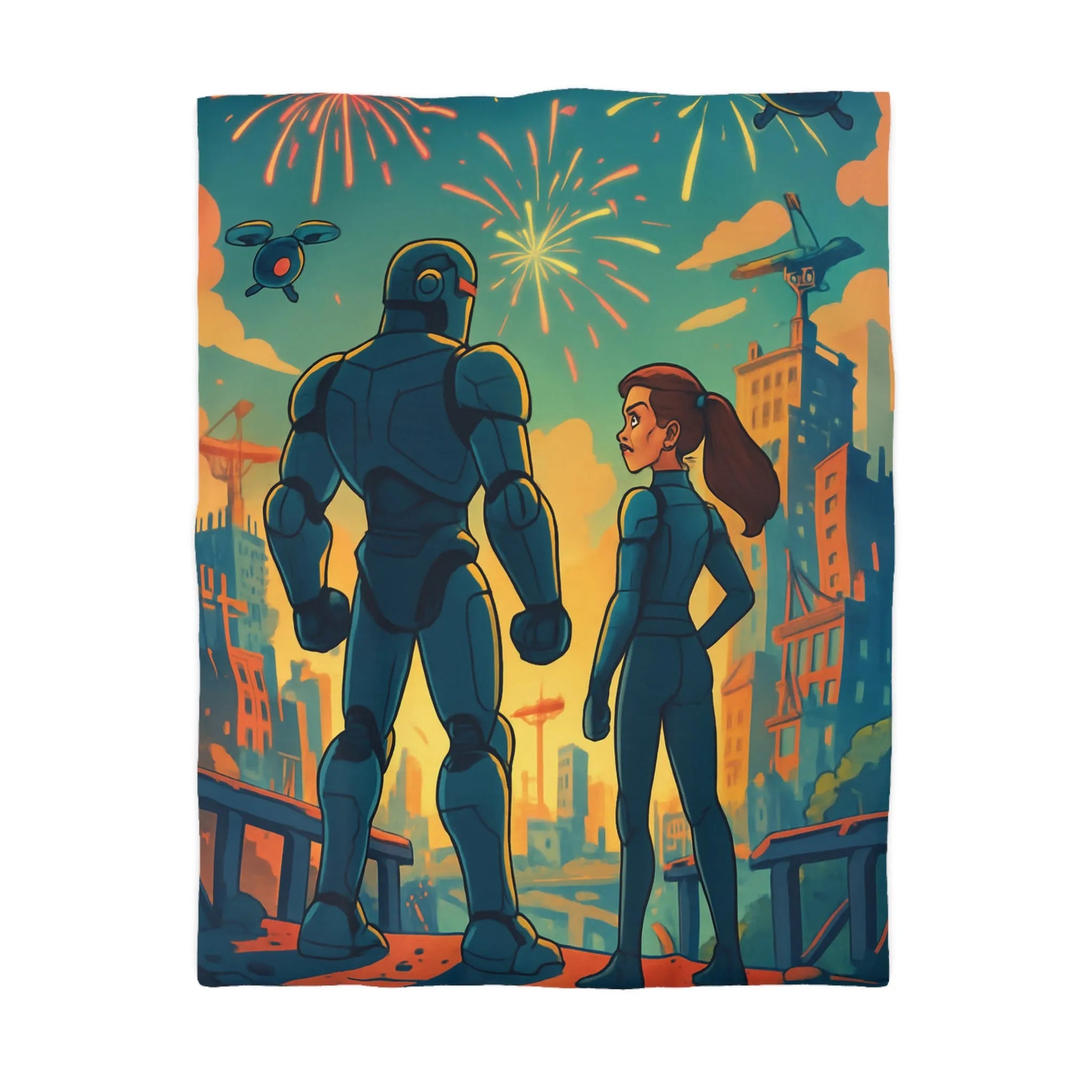 Housse de Couette Fine Imprimée Feux d’Artifice et Futuriste Ville Robotique Dessinée