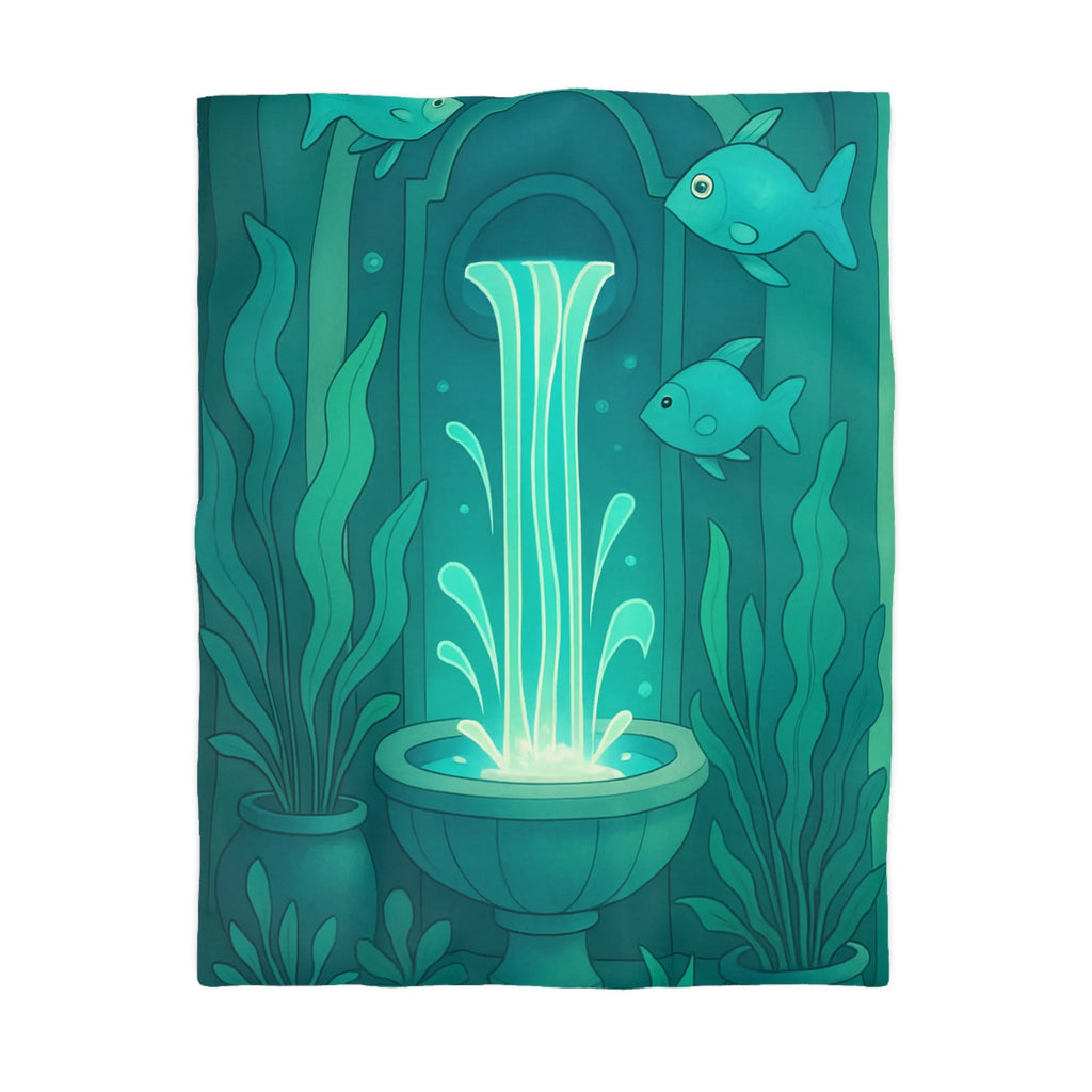 Housse de Couette Art Nouveau Illustrée Fontaine Poissons Teintes Bleues Calmes Décoration Intérieure