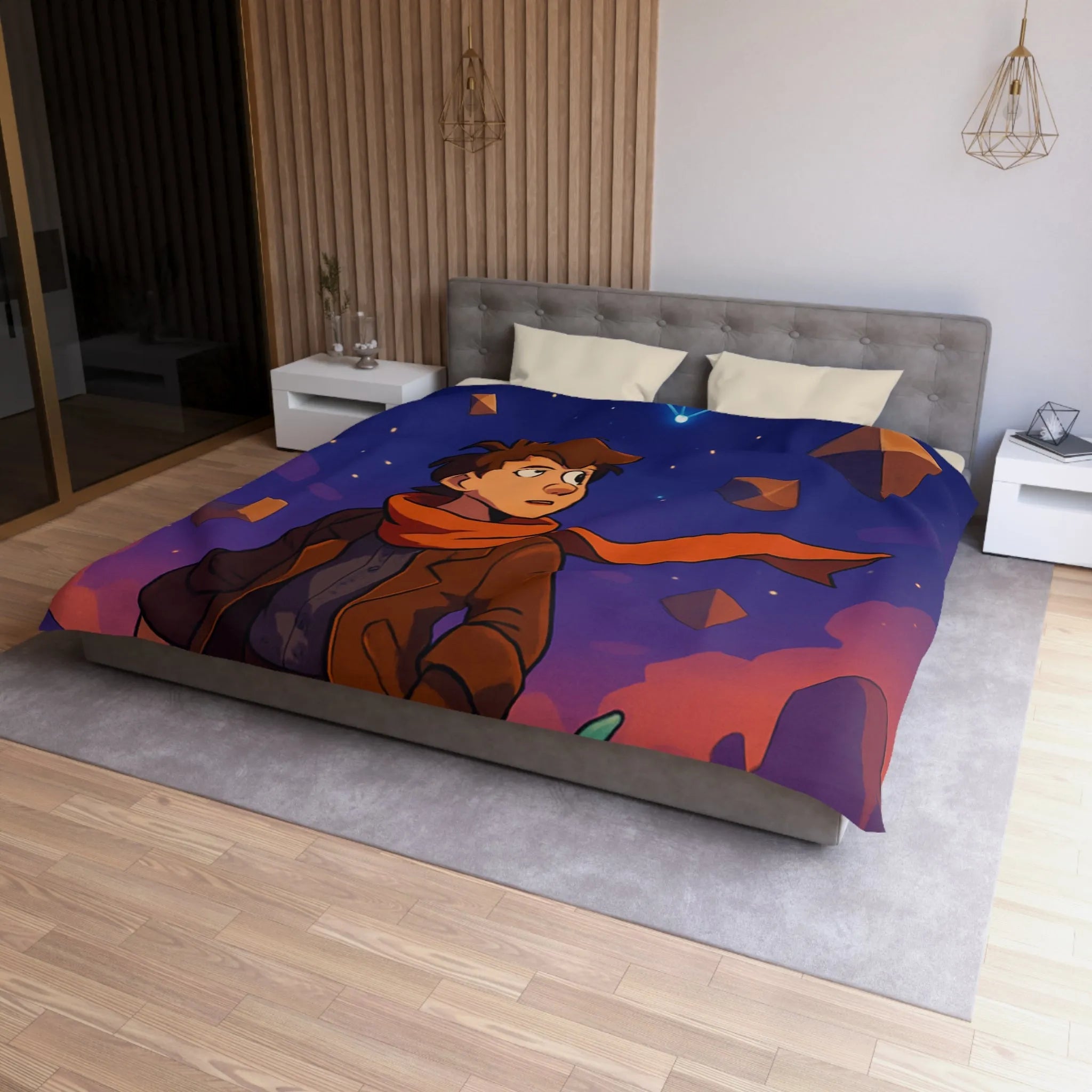 Housse de couette aventure nuit étoilée avec enfant et dragon mignon