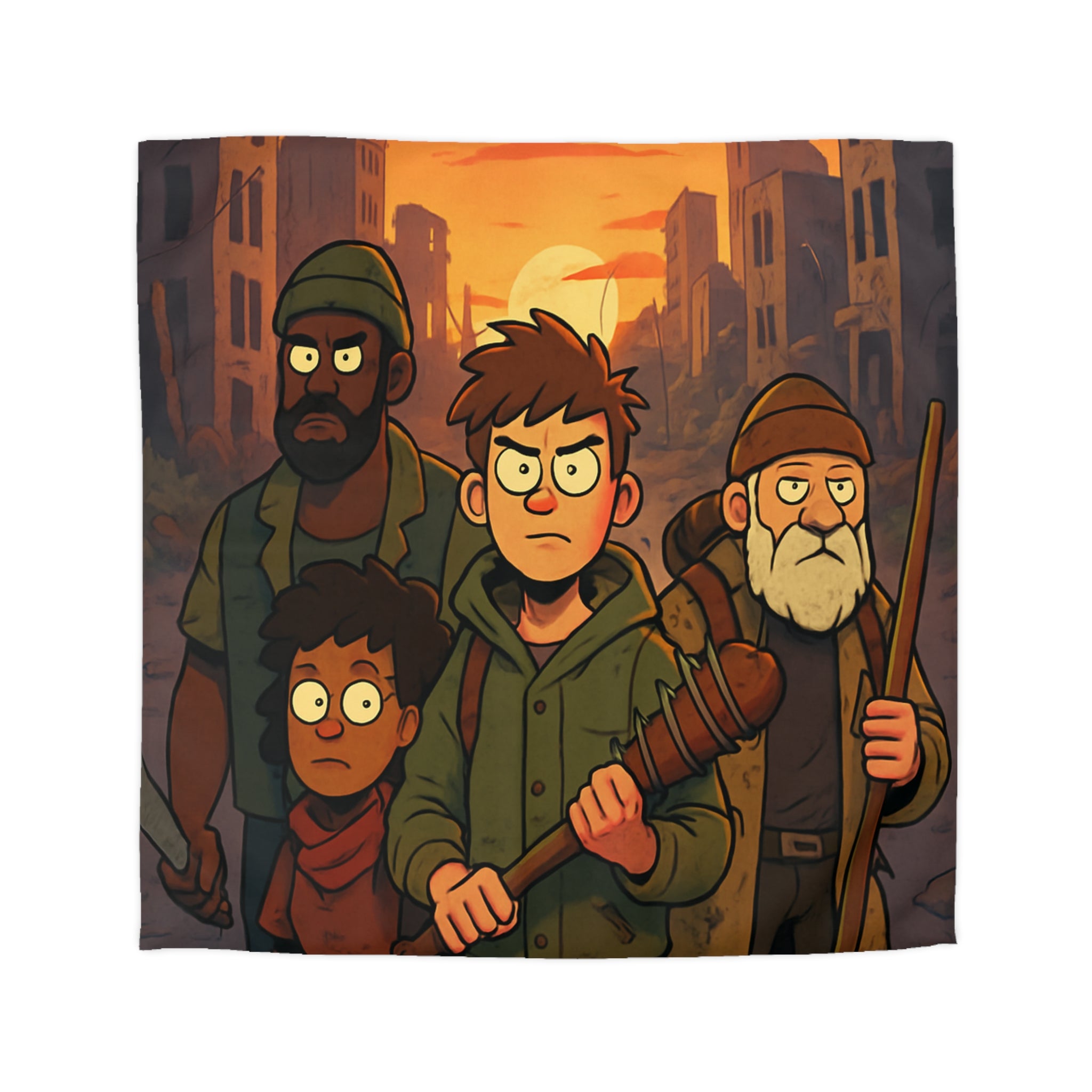 Parure de lit aventure urbaine avec ciel crépusculaire et bâtiments en ruines