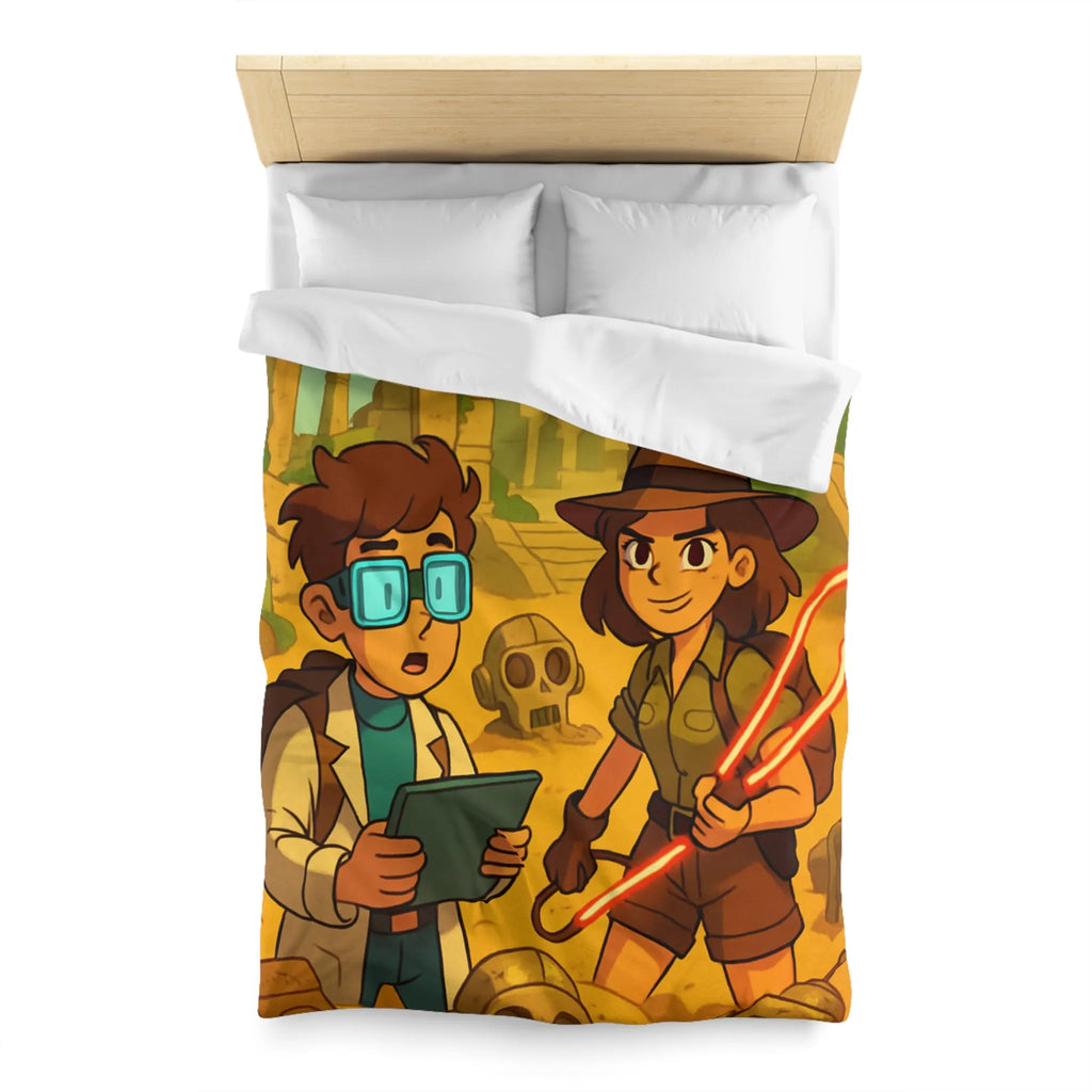 Housse de couette aventuriers explorant ruines mystérieuses en style cartoon animé coloré