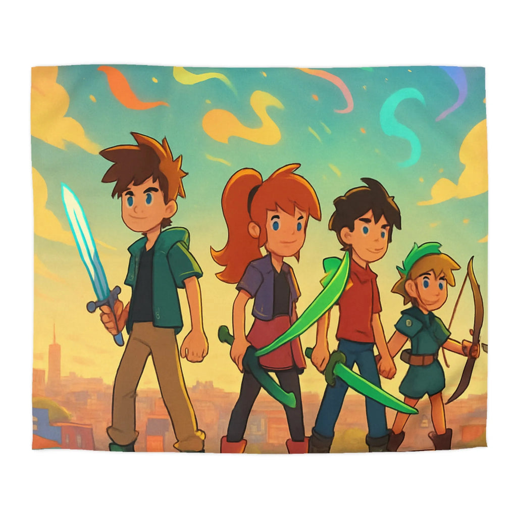 Housse de couette colorée avec quatre héros et ciel étoilé multicolore