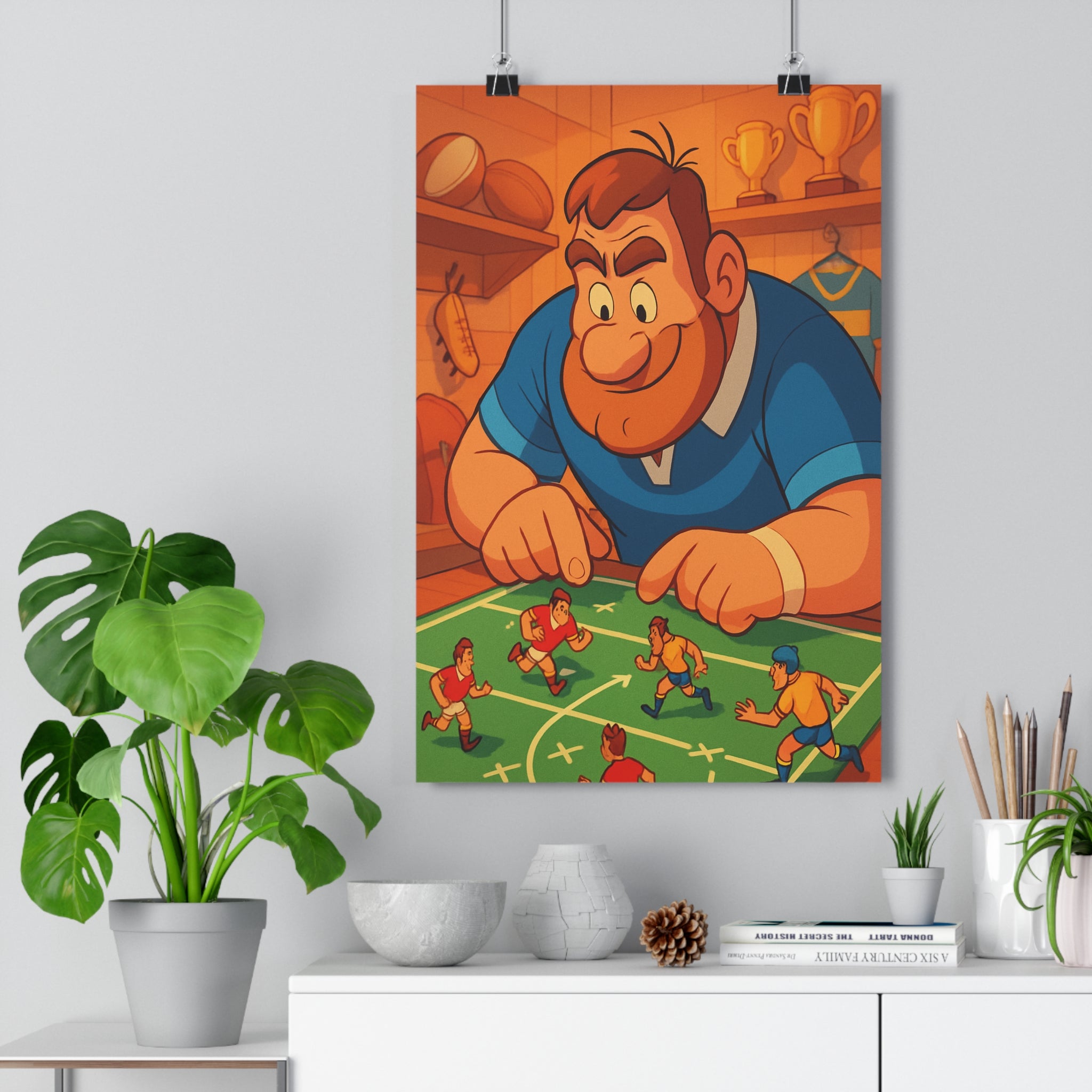 Poster décoratif cartoon rugby stratégie joyeux chaleureux salon bureau enfant ambiance sportive dynamique qualité