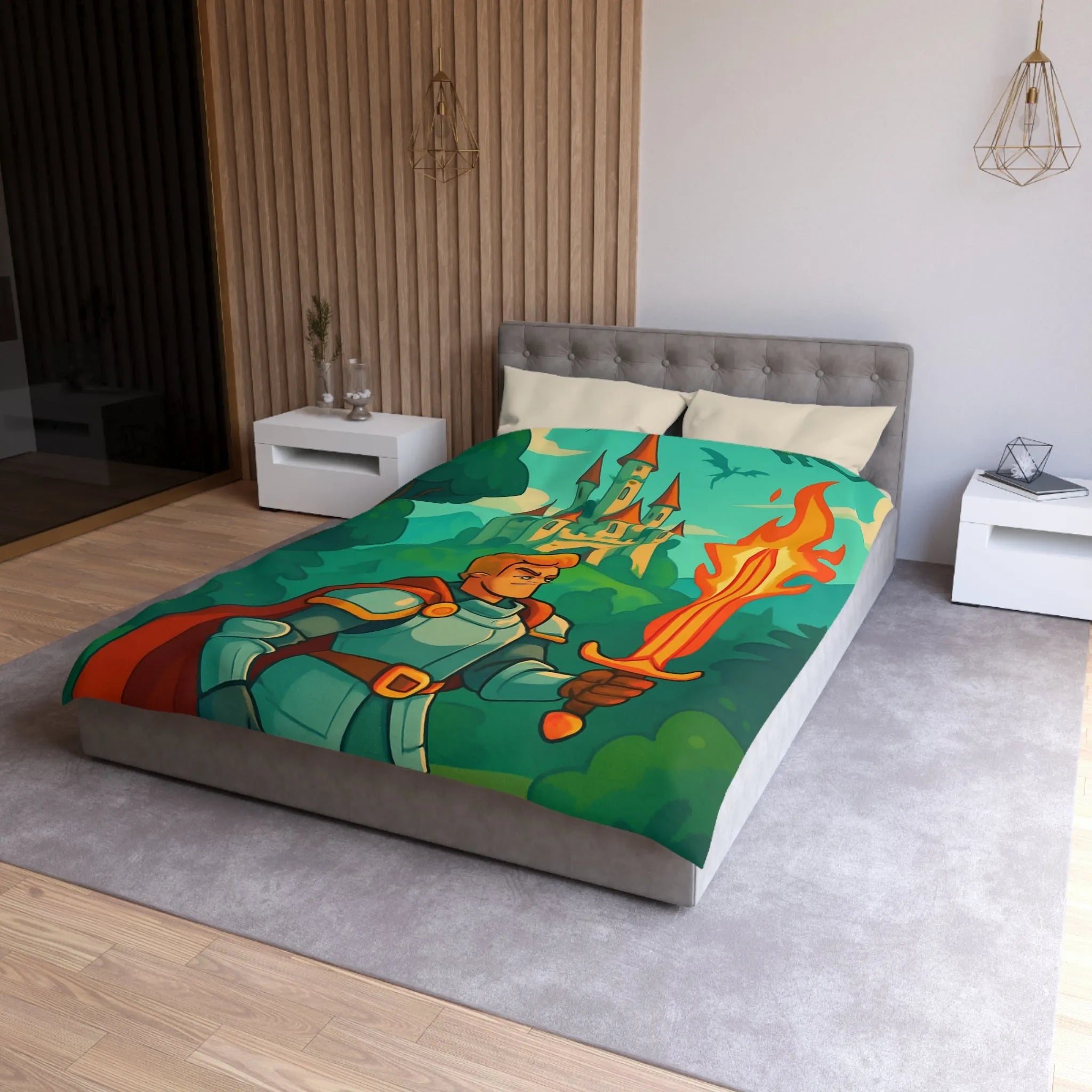 Housse de couette chevalier et dragon, ambiance médiévale fantastique aux couleurs vibrantes
