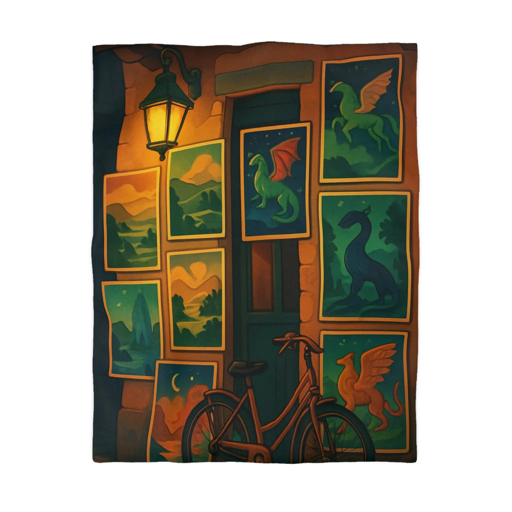 Housse de couette artistique avec dragons mythiques et paysage nocturne, ambiance mystérieuse