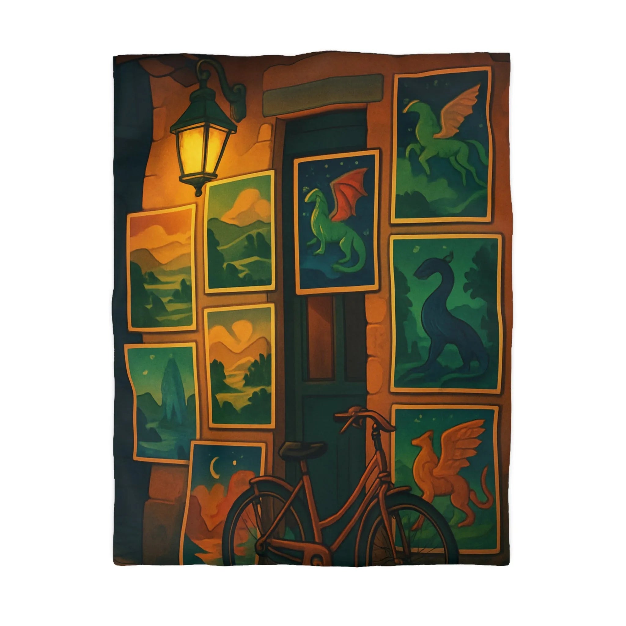 Housse de couette artistique avec dragons mythiques et paysage nocturne, ambiance mystérieuse