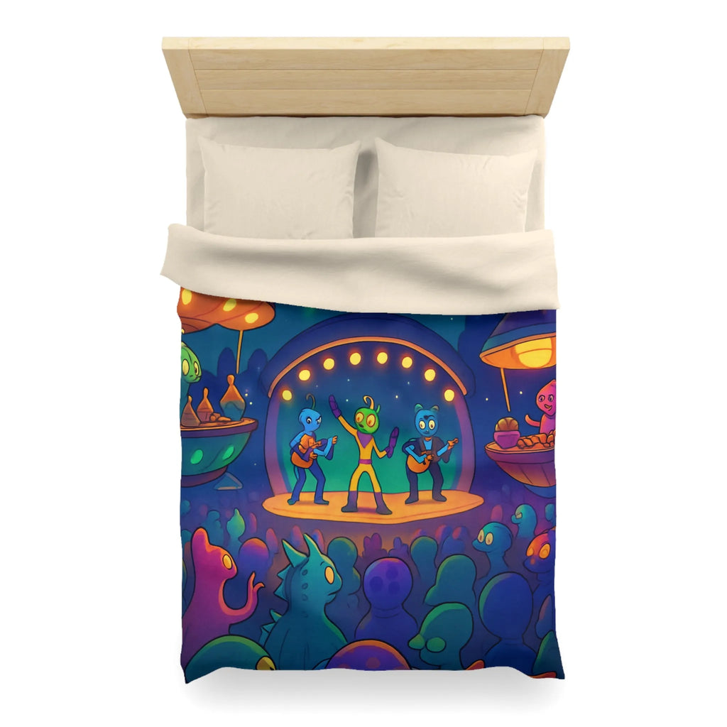 Housse de couette illustrée d'aliens en concert sous des aurores boréales éclatantes