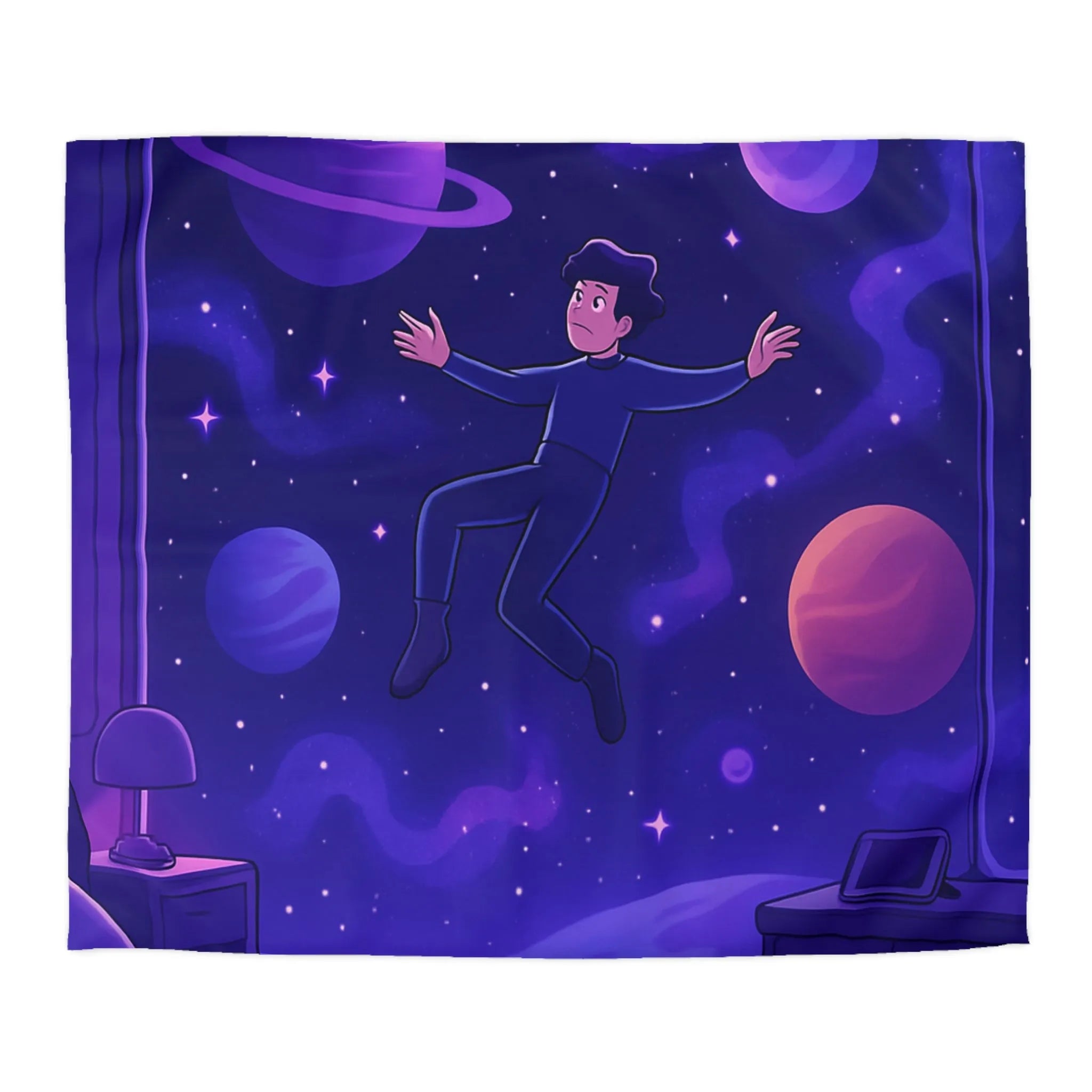 Housse de couette enfantine avec garçon flottant dans un espace stellaire imaginaire