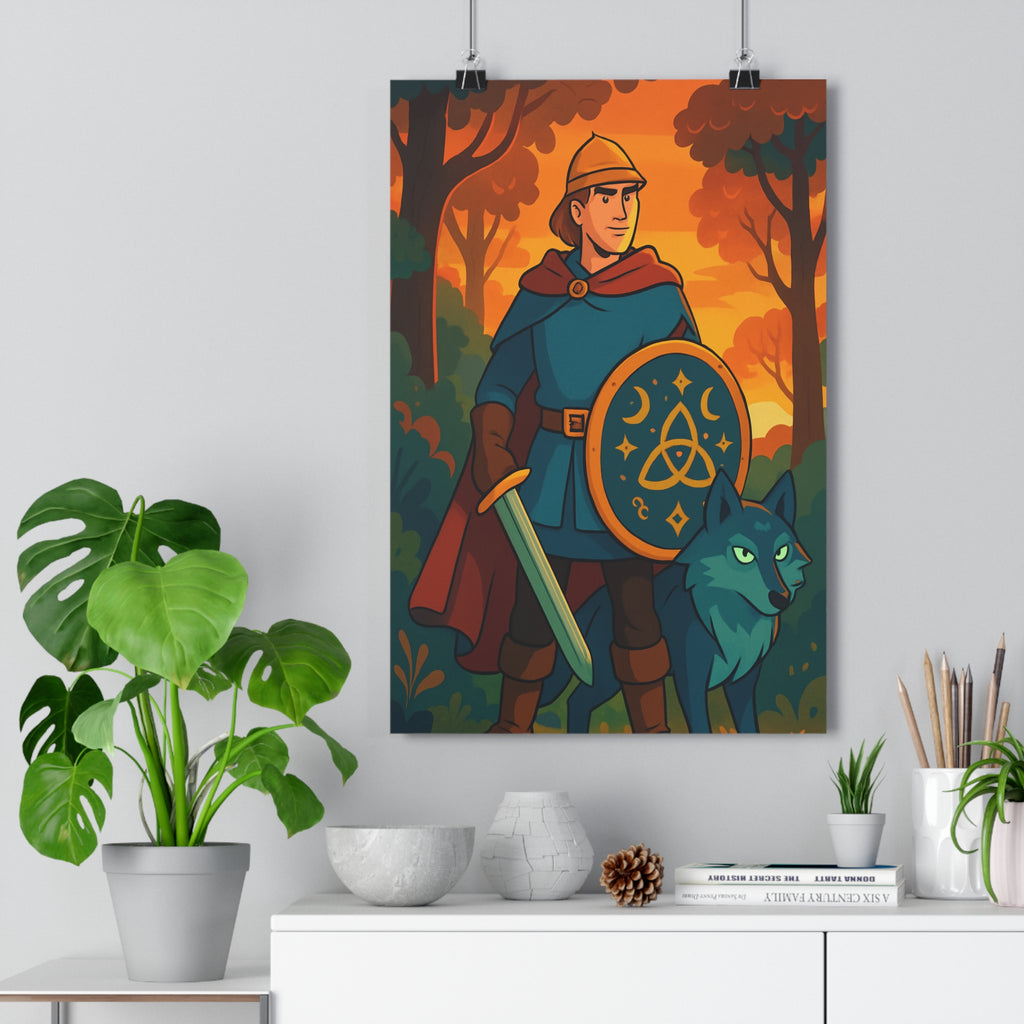 Poster décoratif épique mystique forêt vert orange anime chambre enfant aventure personnage loup symboles