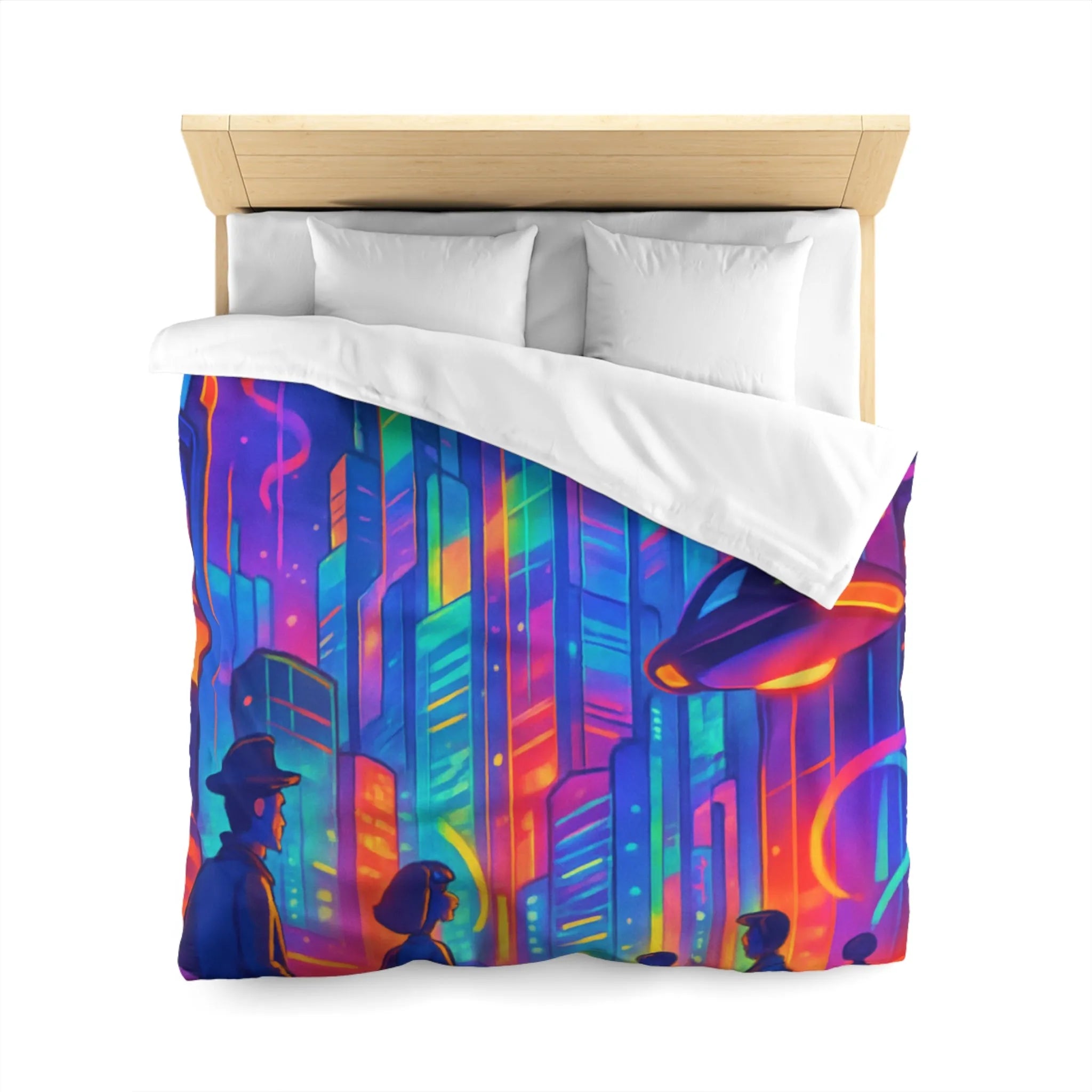 Housse de Couette Colorée Scène Urbaine Futuriste avec Illusions d'Optique Dynamiques et Vives