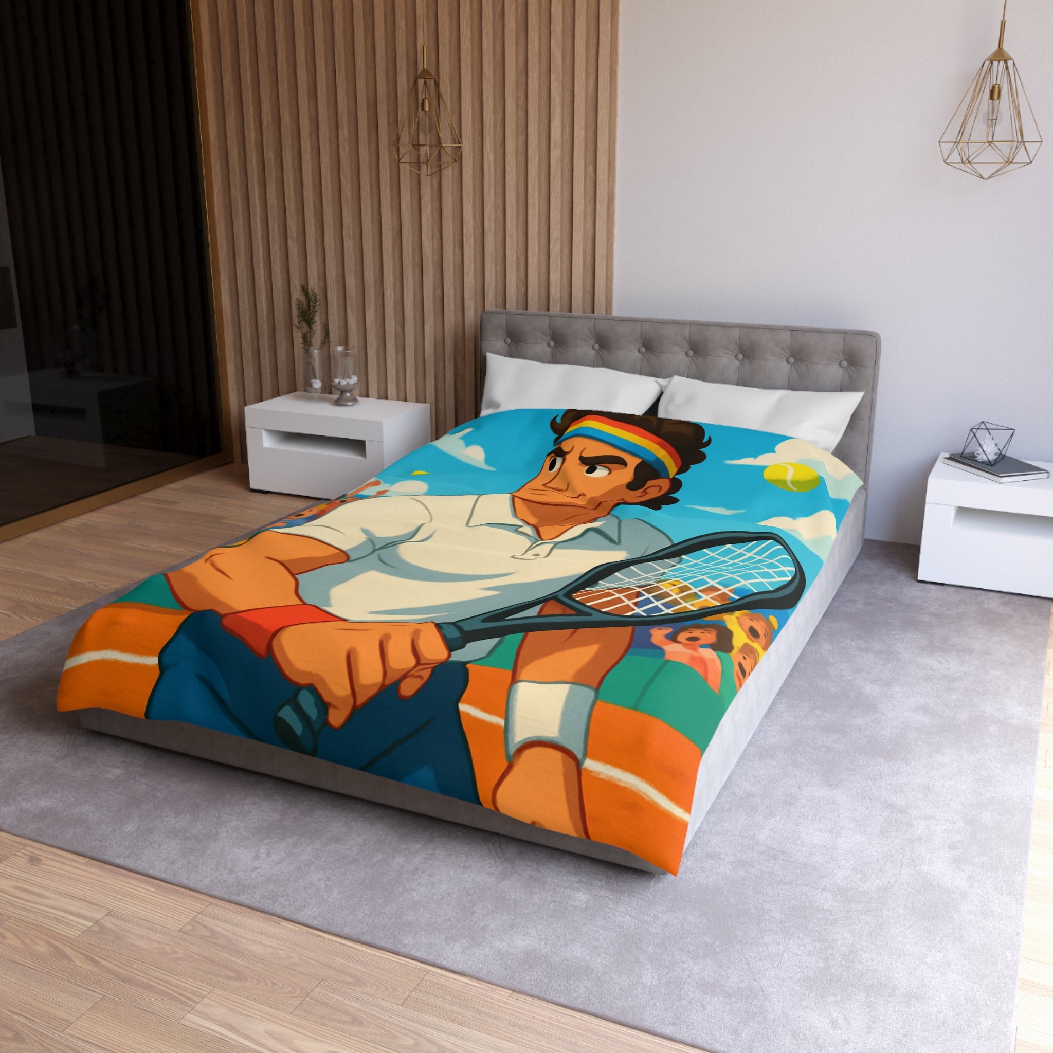 Housse de couette vibrante avec joueur de tennis vintage, bandeau et balles jaunes