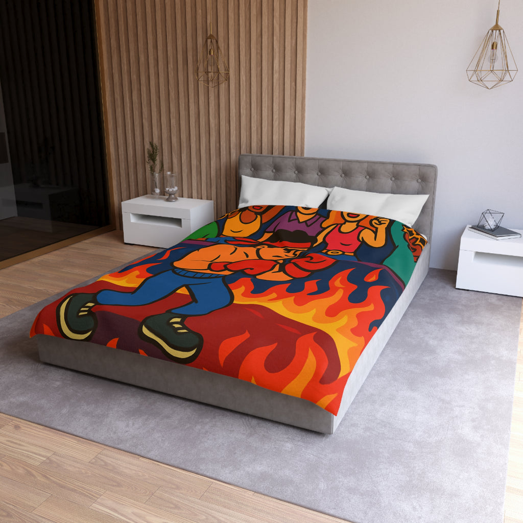 Housse de couette originale avec boxeur entouré de flammes et foule colorée