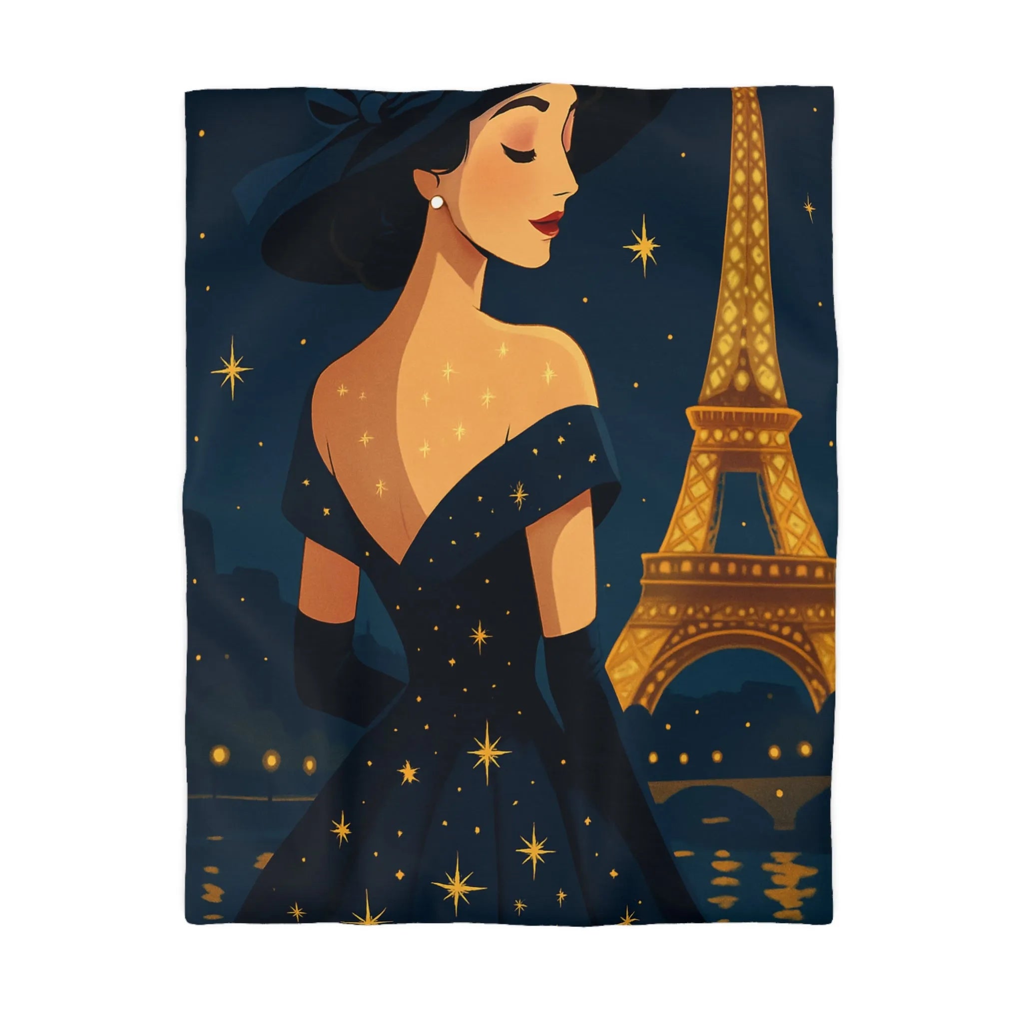 Élégante illustration nocturne femme en robe étoilée avec Tour Eiffel lumineuse