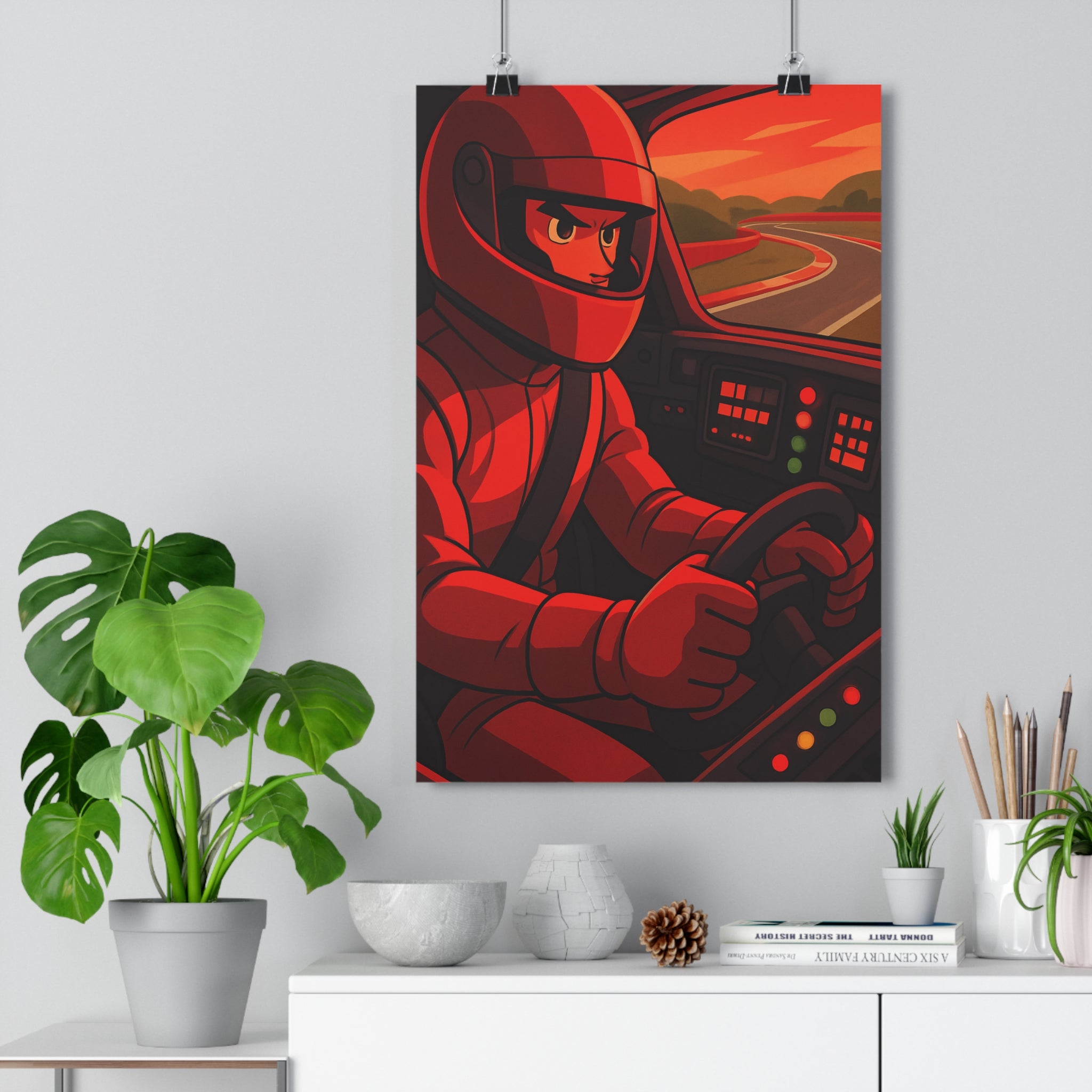 Poster décoratif course voiture rouge orange moderne vitesse intensité chambre bureau qualité murale ambiance