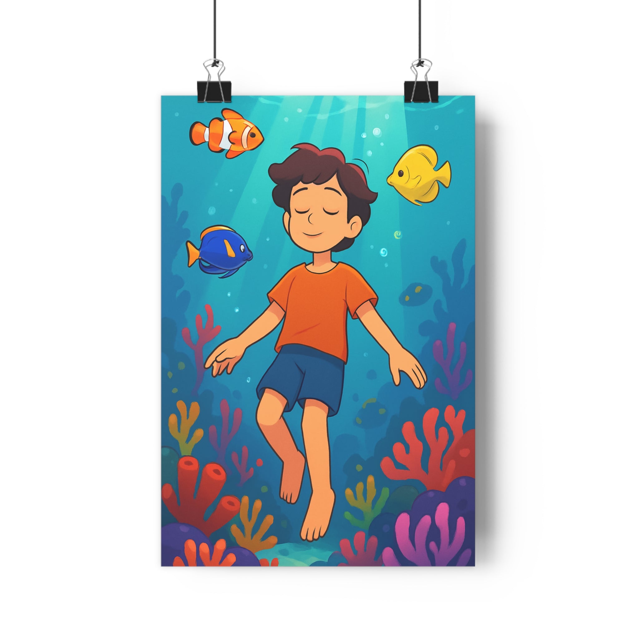 Poster décoratif anime bleu corail marin onirique chambre détente enfant vibrant créatures subaquatiques 30x46
