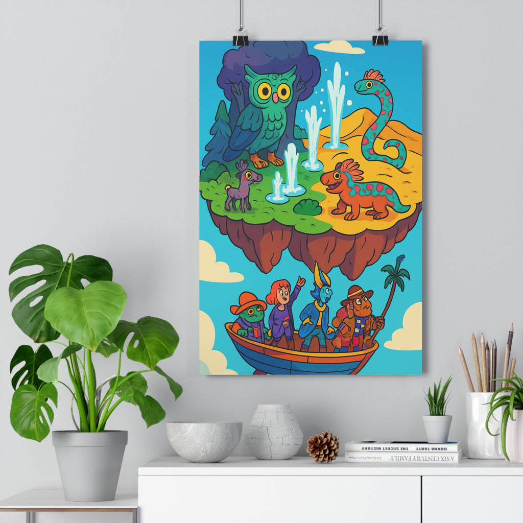 Poster décoratif île flottante créatures fantastiques hibou serpent coloré cartoon ludique enfant chambre 30x46