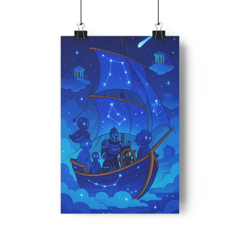 Poster décoratif mystique cosmique bleu violet cartoon créatures étoilé chambre salon ambiance sereine aventurier