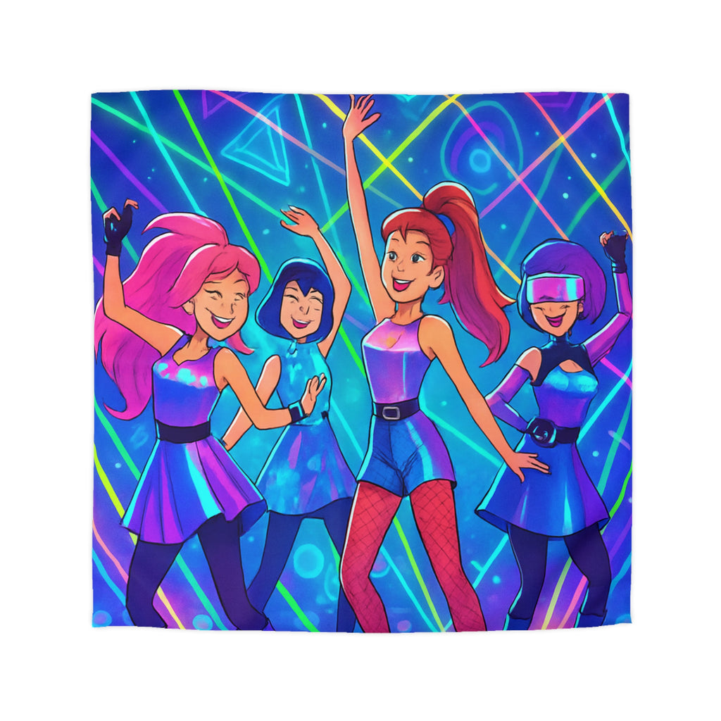Housse de couette techno disco avec danseuses rétro en néons et figures géométriques