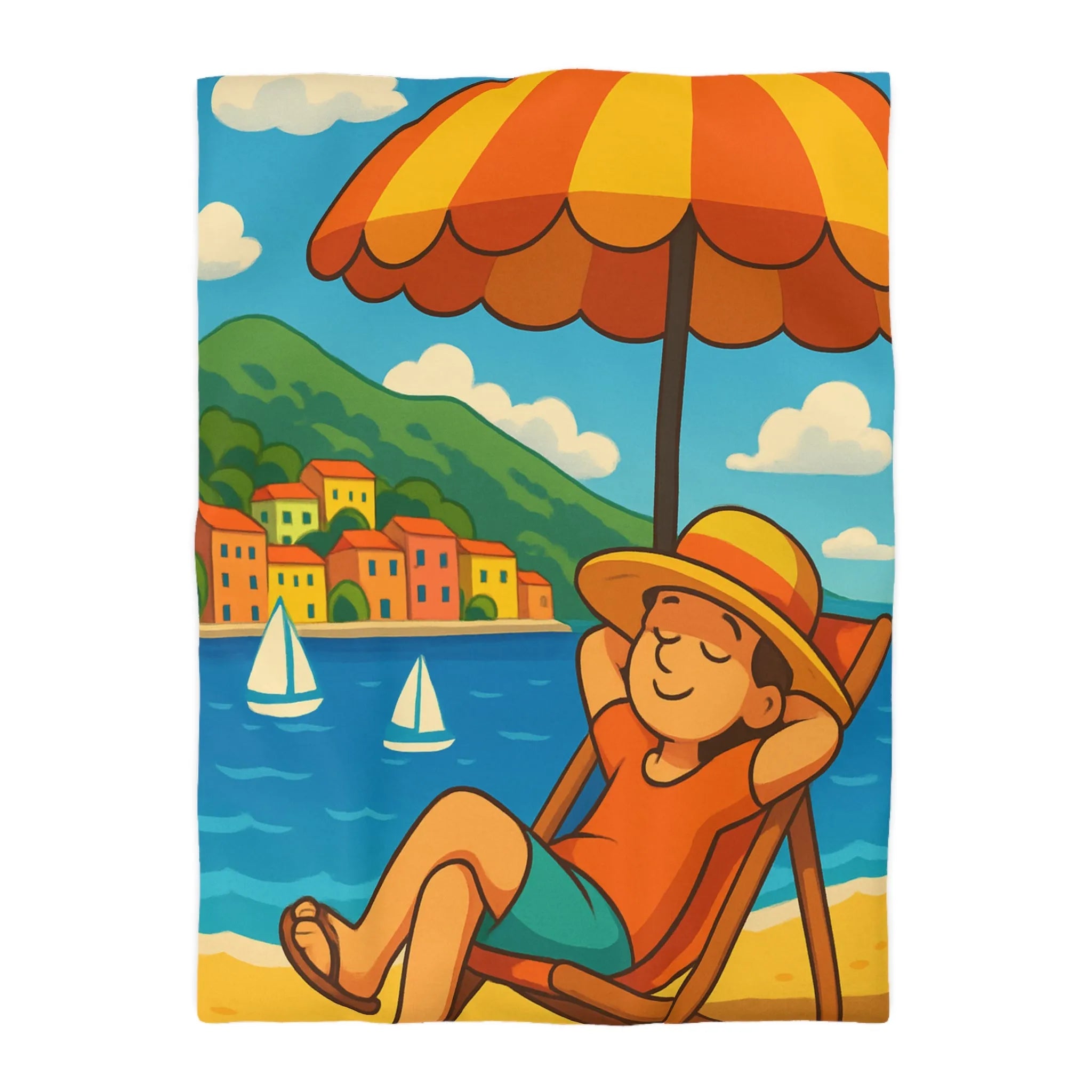 Housse de Couette Colorée Plage avec Parasol, Mer et Voiliers Décontractés Illustration