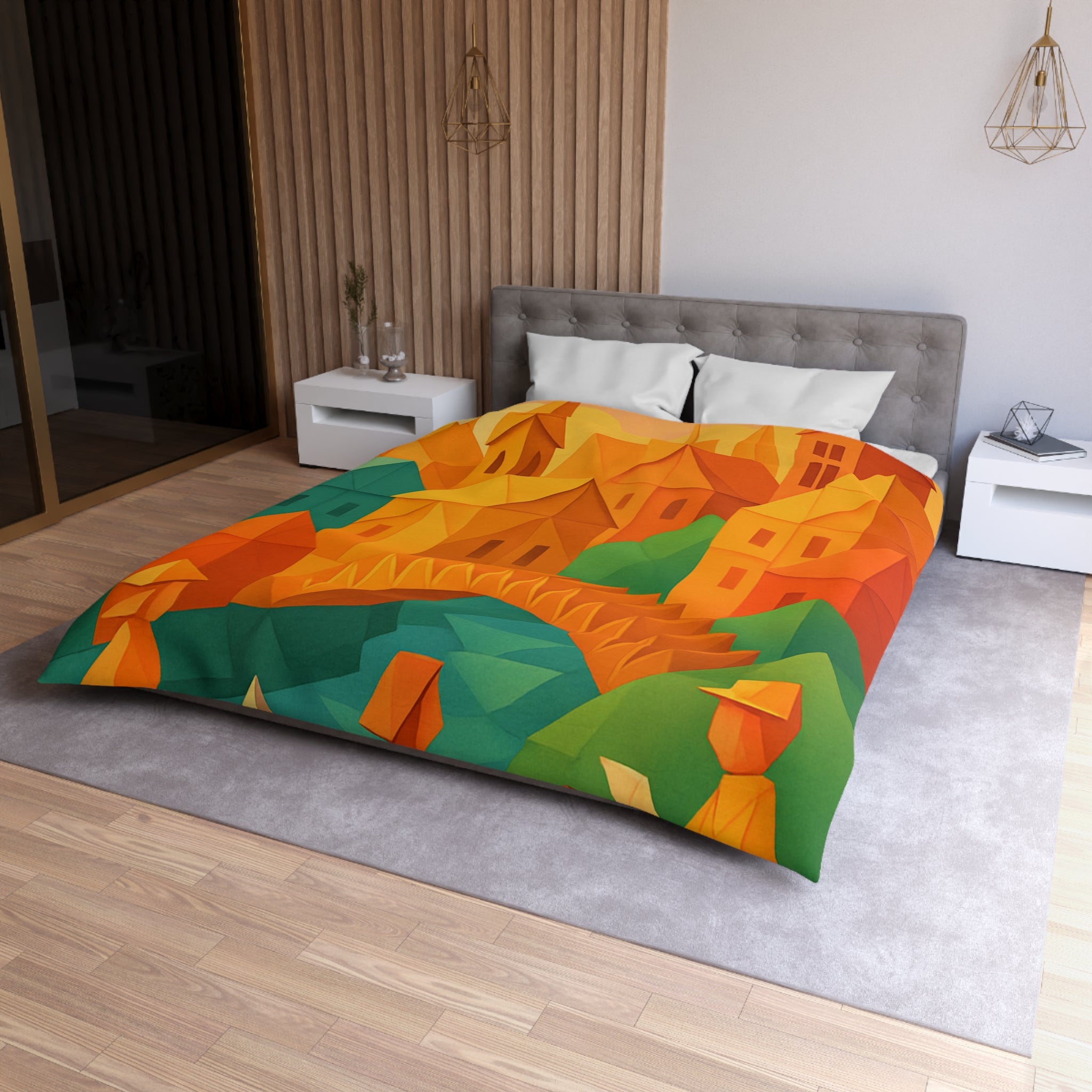 Housse de couette motif origami coloré avec paysage urbain et silhouettes humaines