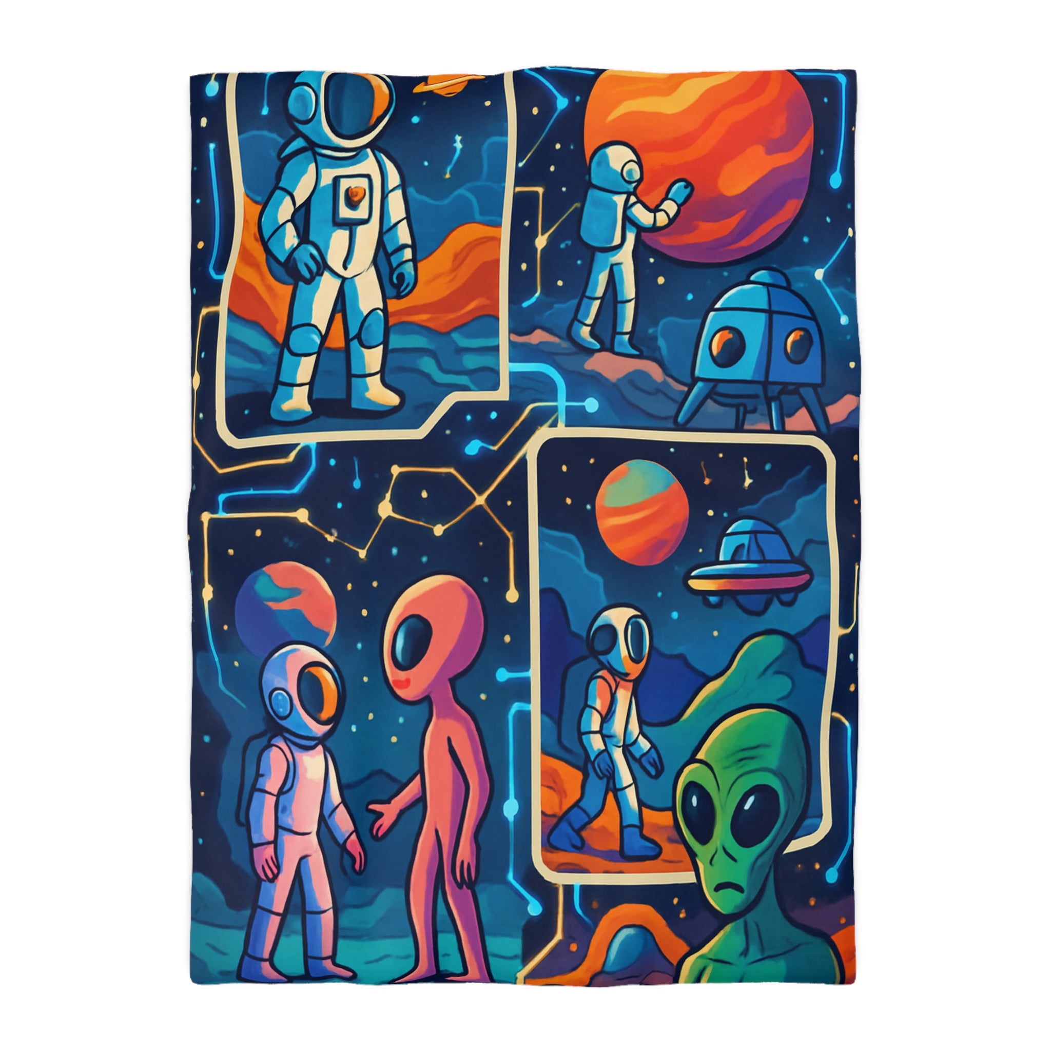 Housse de couette spatiale colorée avec extraterrestres et planètes dans l'espace cosmique