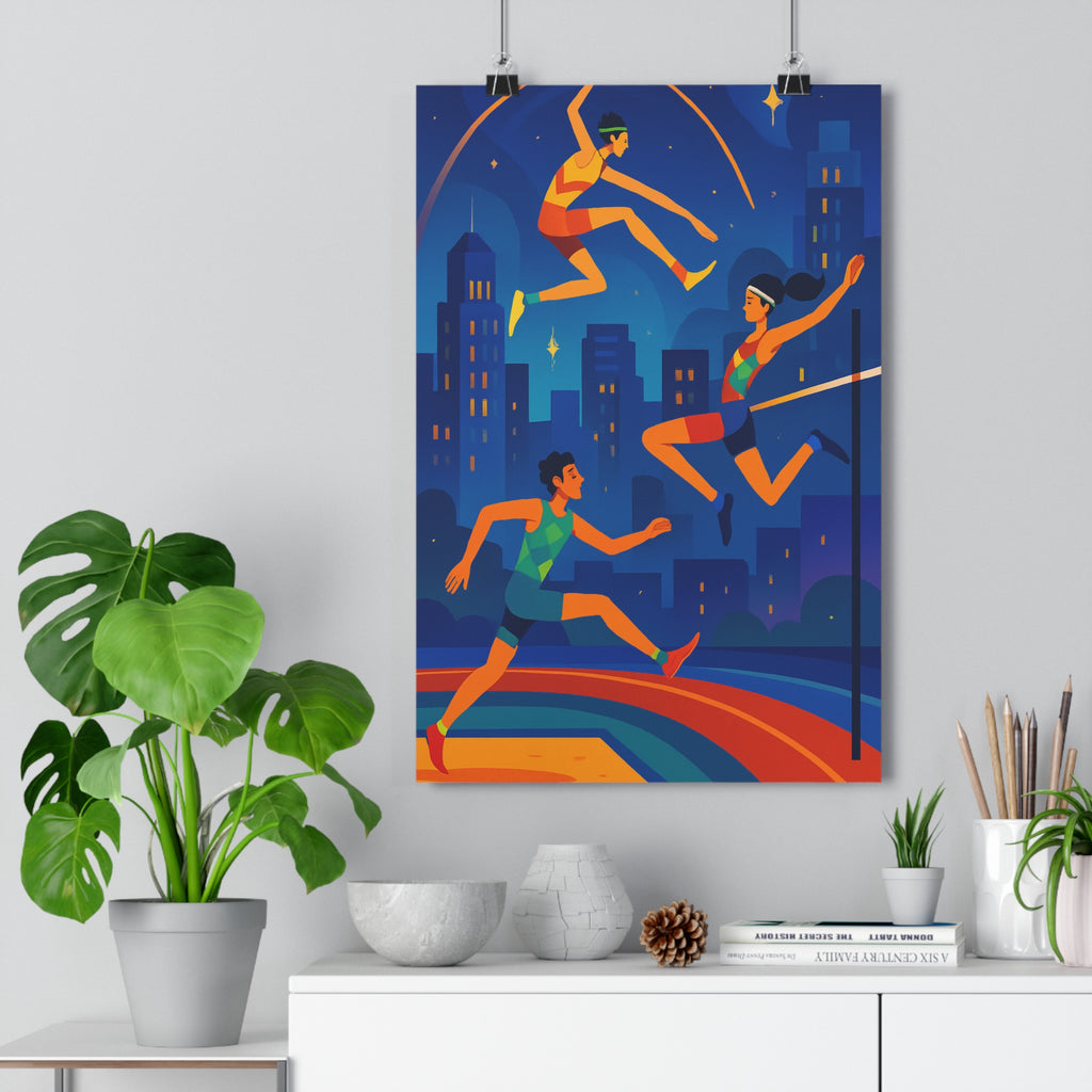 Poster décoratif anime bleu orange rouge urbain futuriste dynamique athlètes action salon chambre bureau