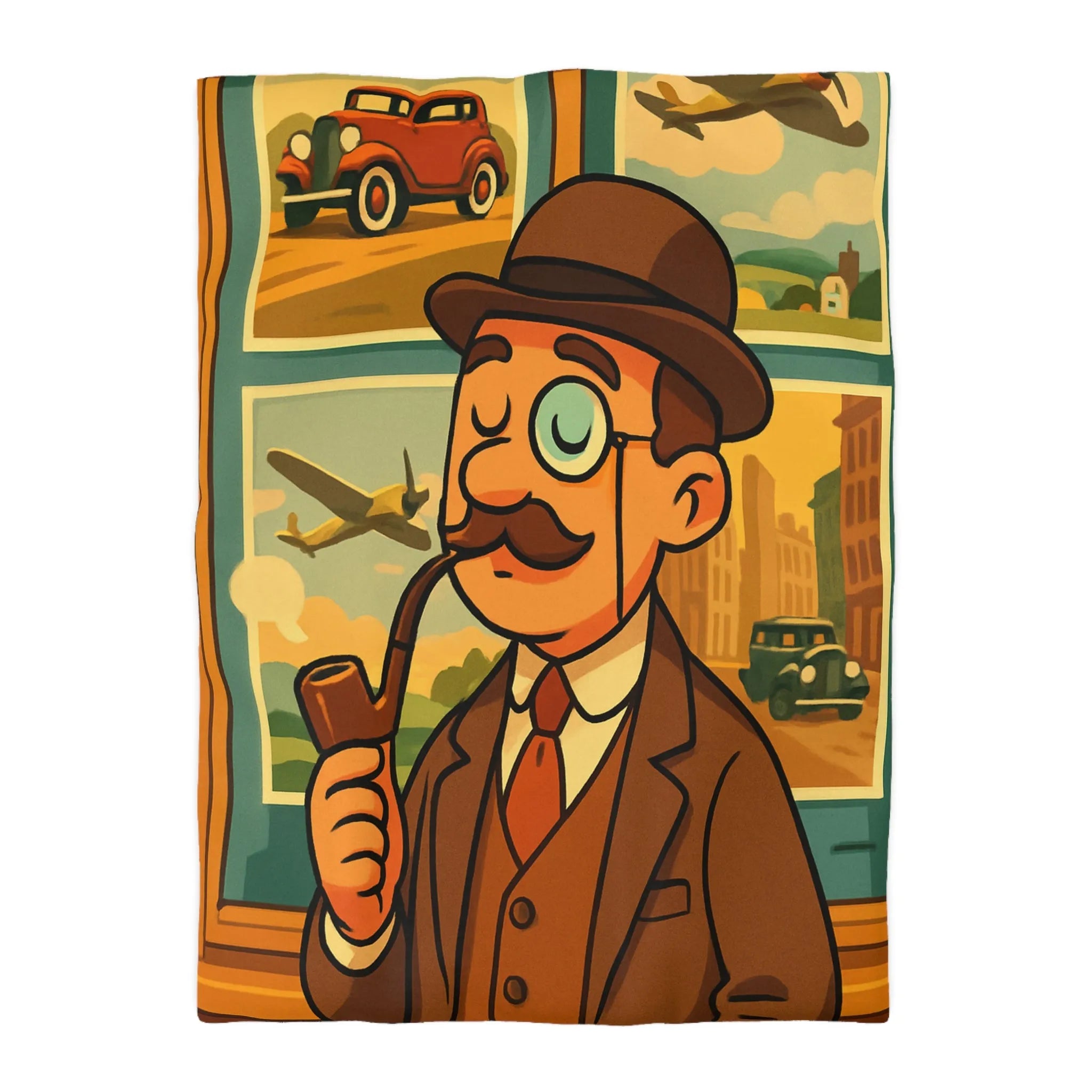 Élégant Gentleman Vintage avec Moustache et Monocle devant Affiches de Voiture et Avion