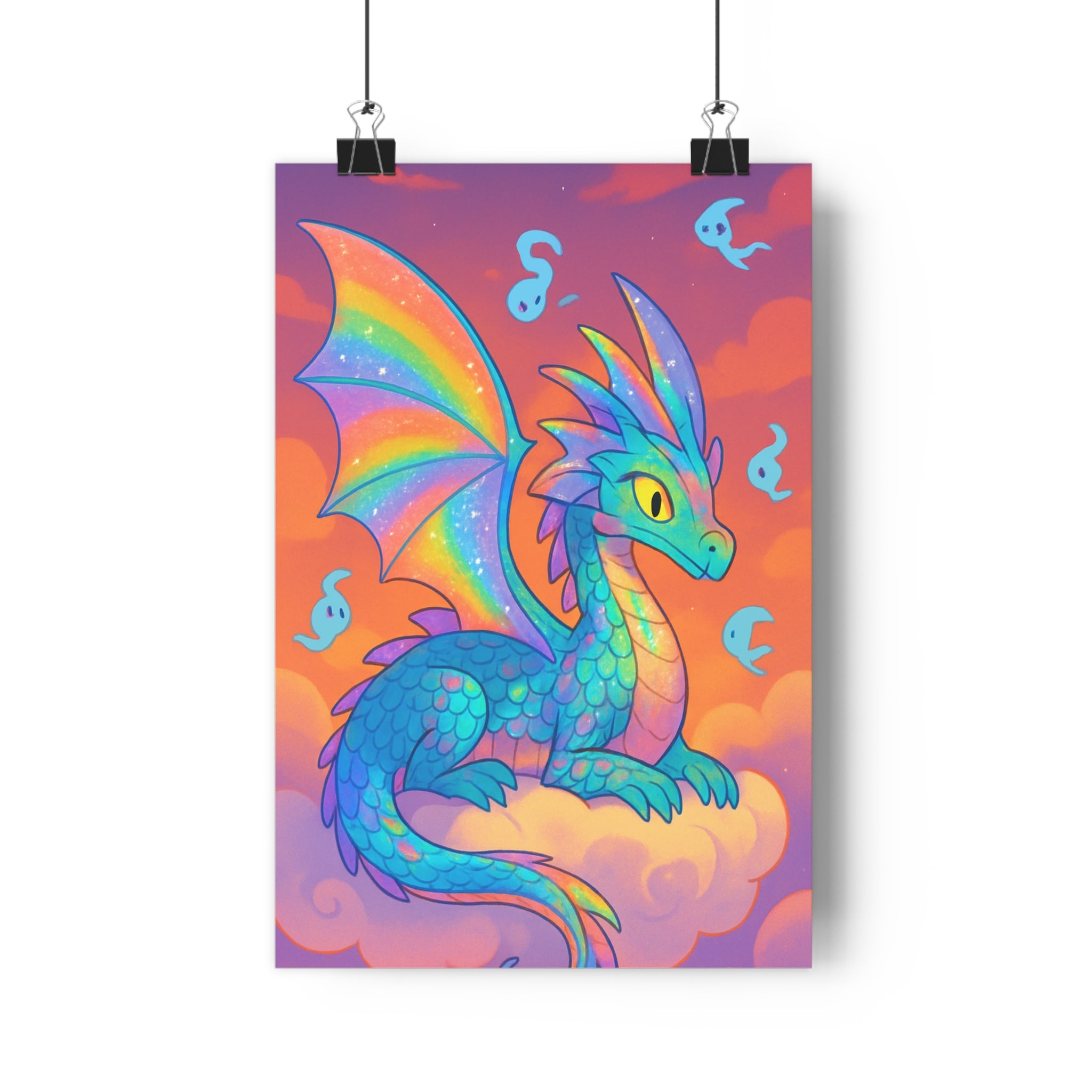 Poster décoratif dragon coloré ambiance mystique chambre enfant créatif nuages bleu violet 30x46 qualité