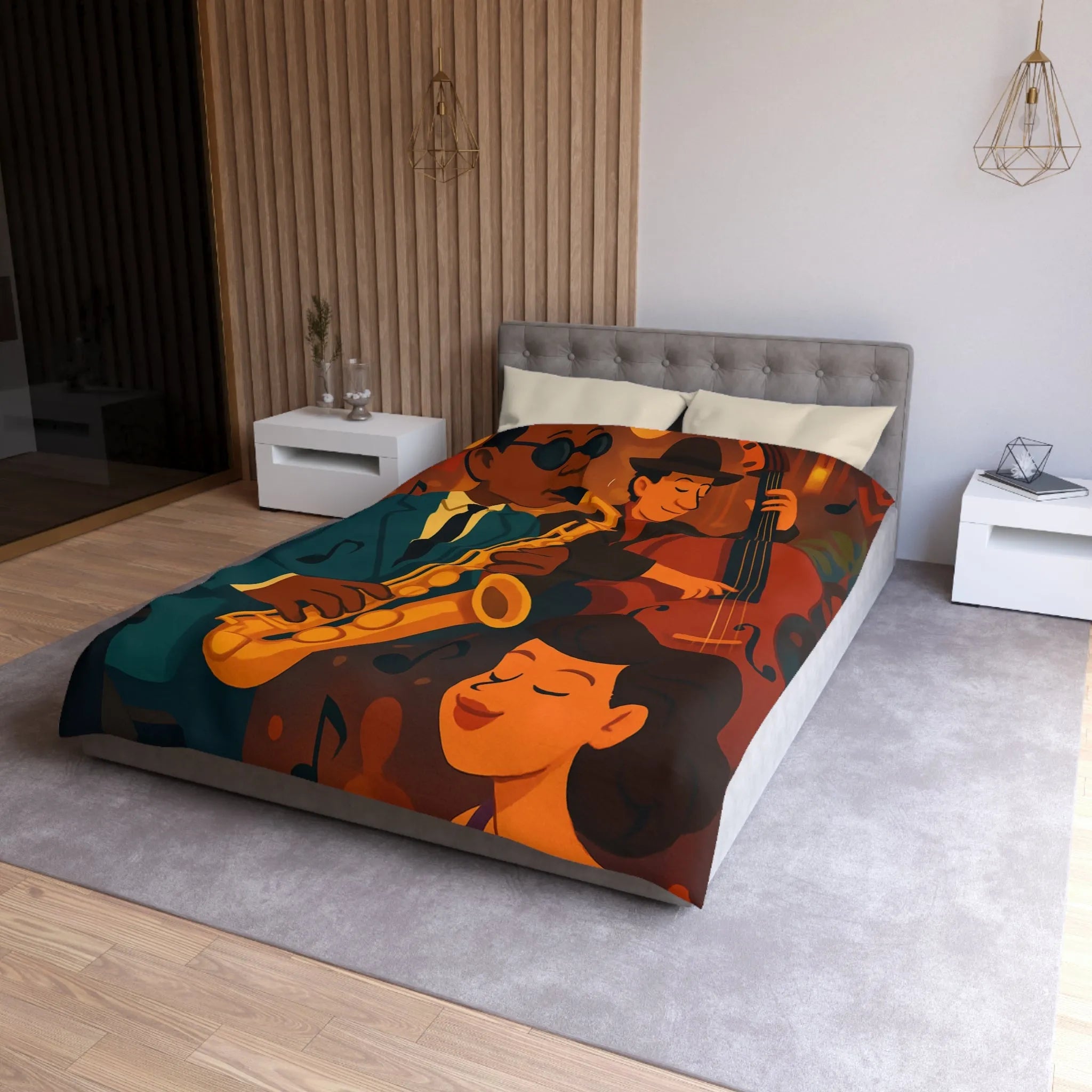 Housse de couette jazz rétro avec musiciens passionnés jouant du saxophone et contrebasse